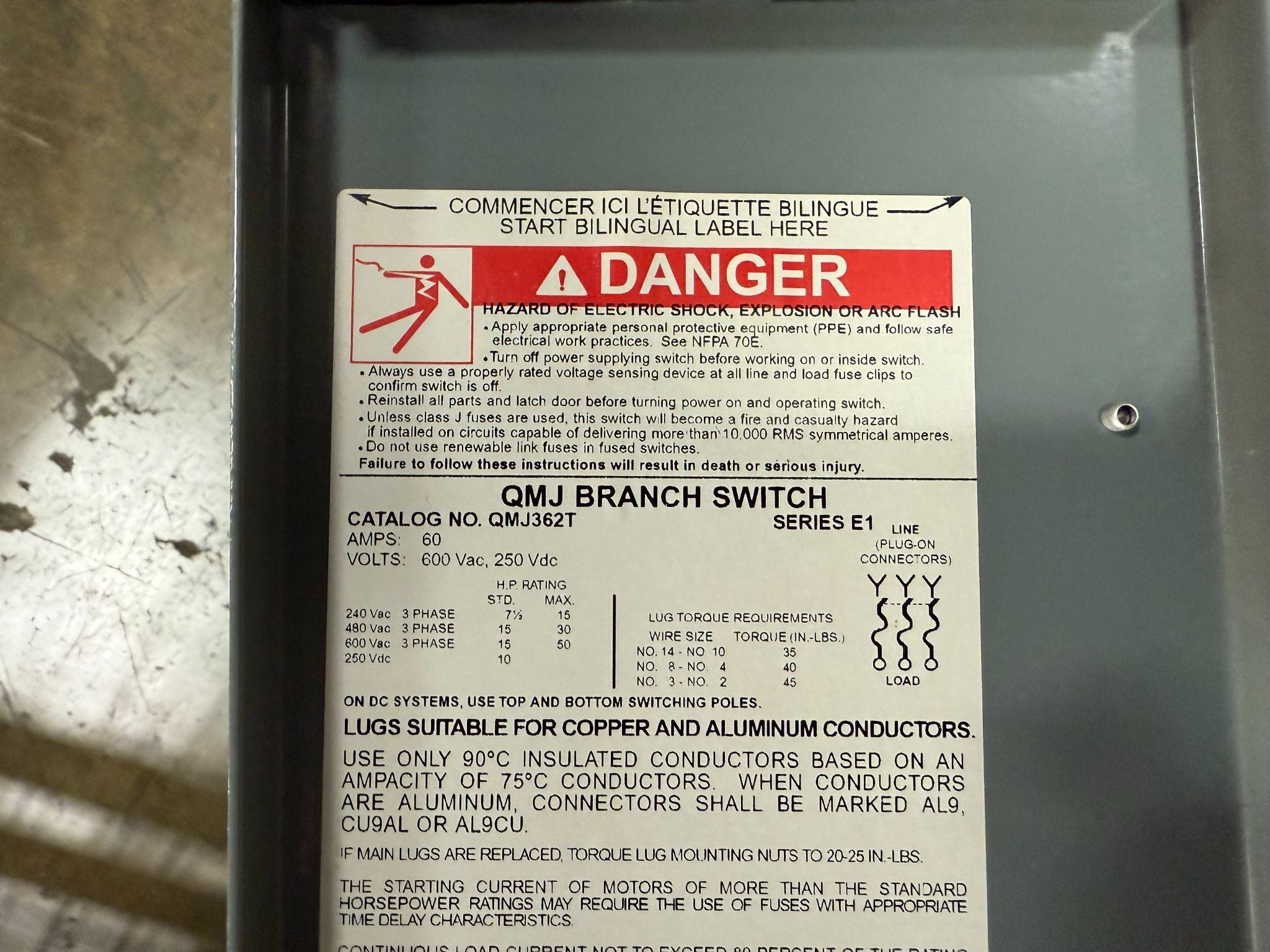 SQUARE D QMJ362T 60A 600V Fusible Branch Switch USED 3