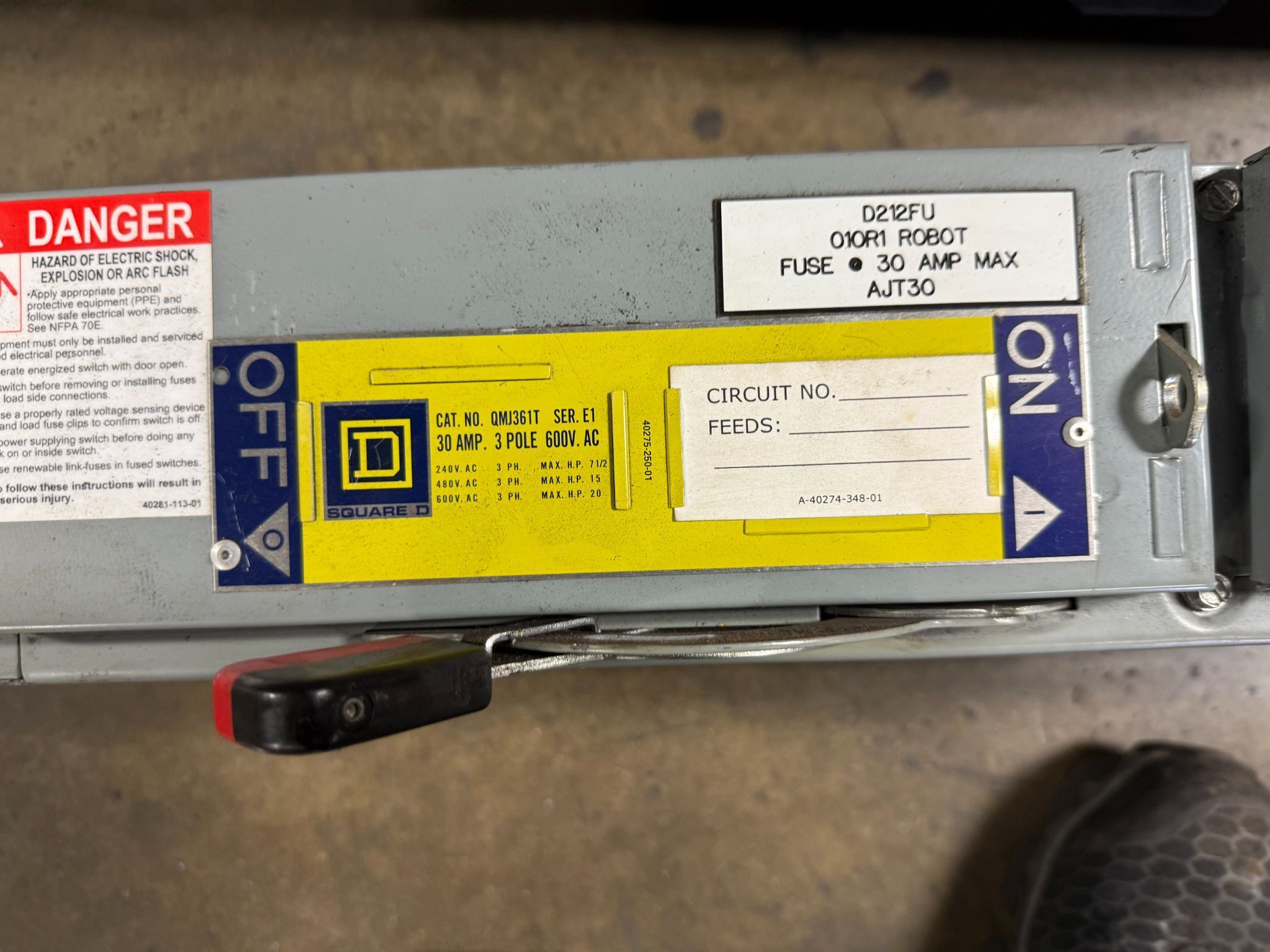 SQUARE D QMJ361T 30A 600V Fusible Branch Switch USED 1