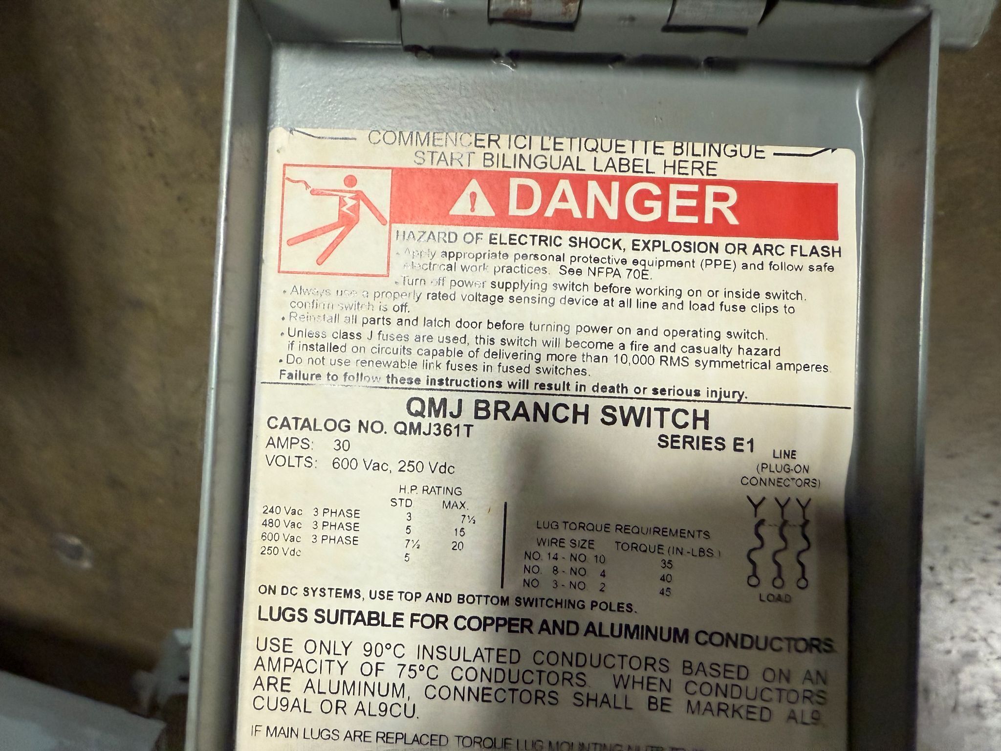 SQUARE D QMJ361T 30A 600V Fusible Branch Switch USED 2