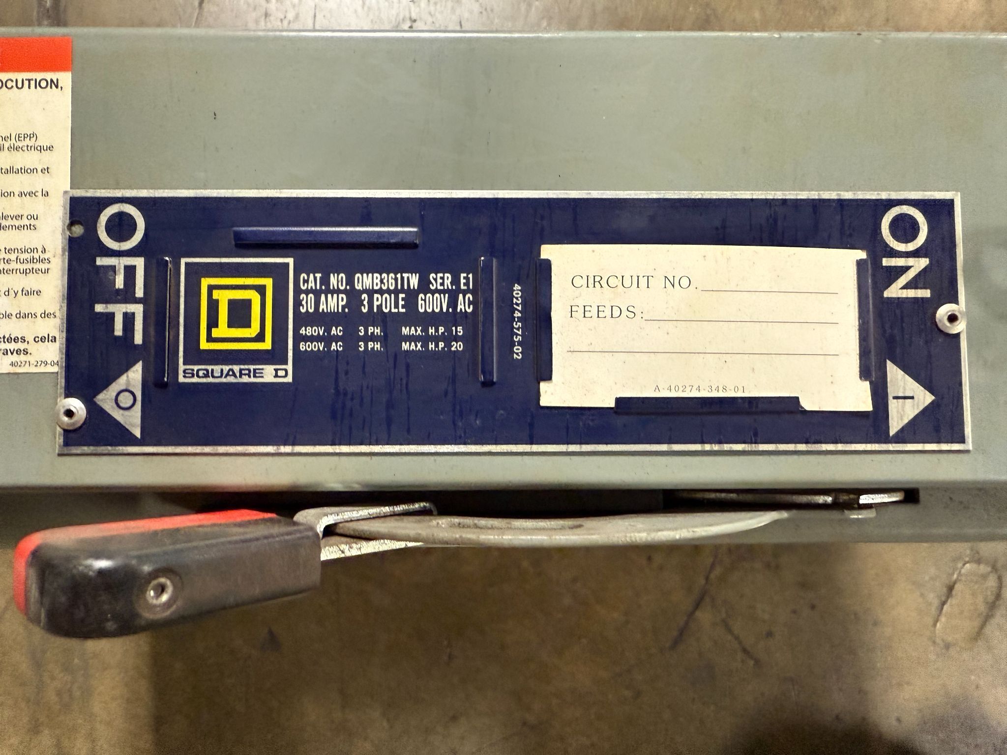 SQUARE D QMB361TW 30A 600V Fusible Panelboard Switch USED 1