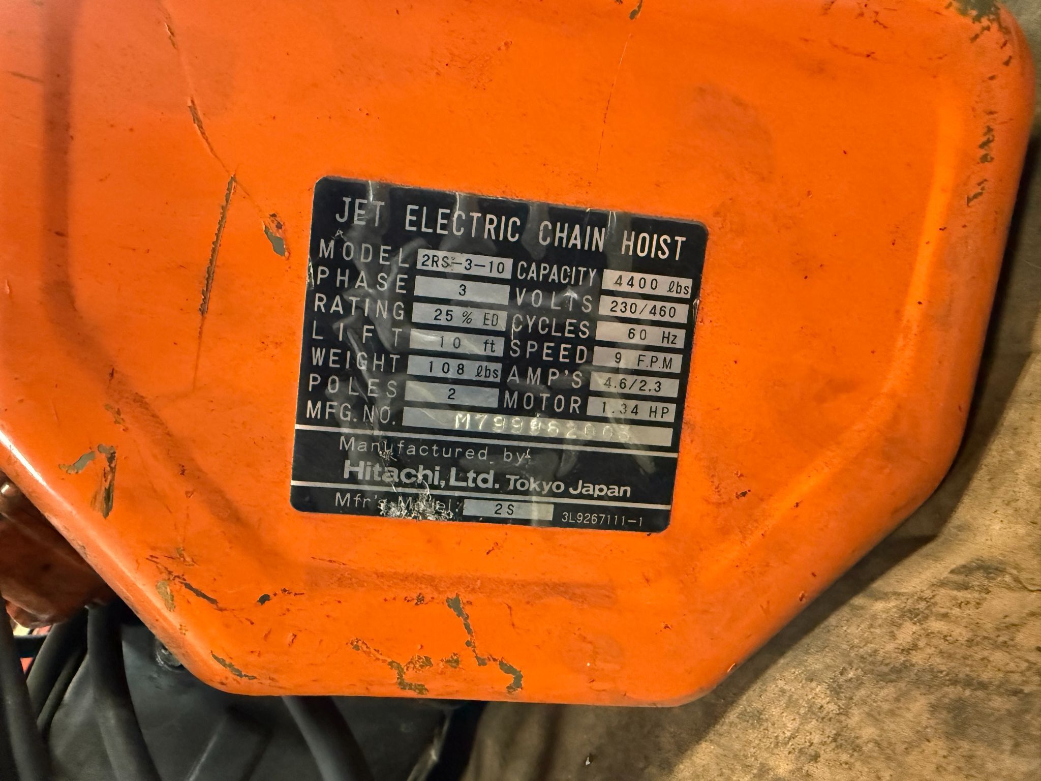 HITACHI 2RS-3-10 JET ELECTRIC 4400lbs Capacity Chain Hoist USED 4