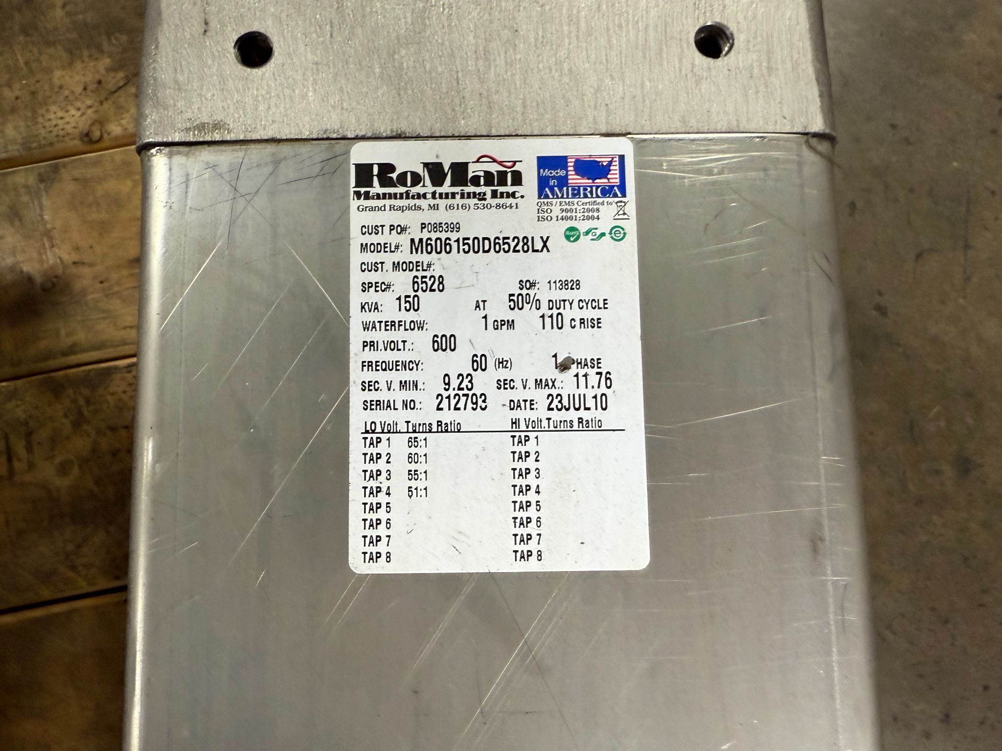 RoMan Manufacturing M606150D6528LX 150 KVA Transformer 600V, 1-PH USED 1