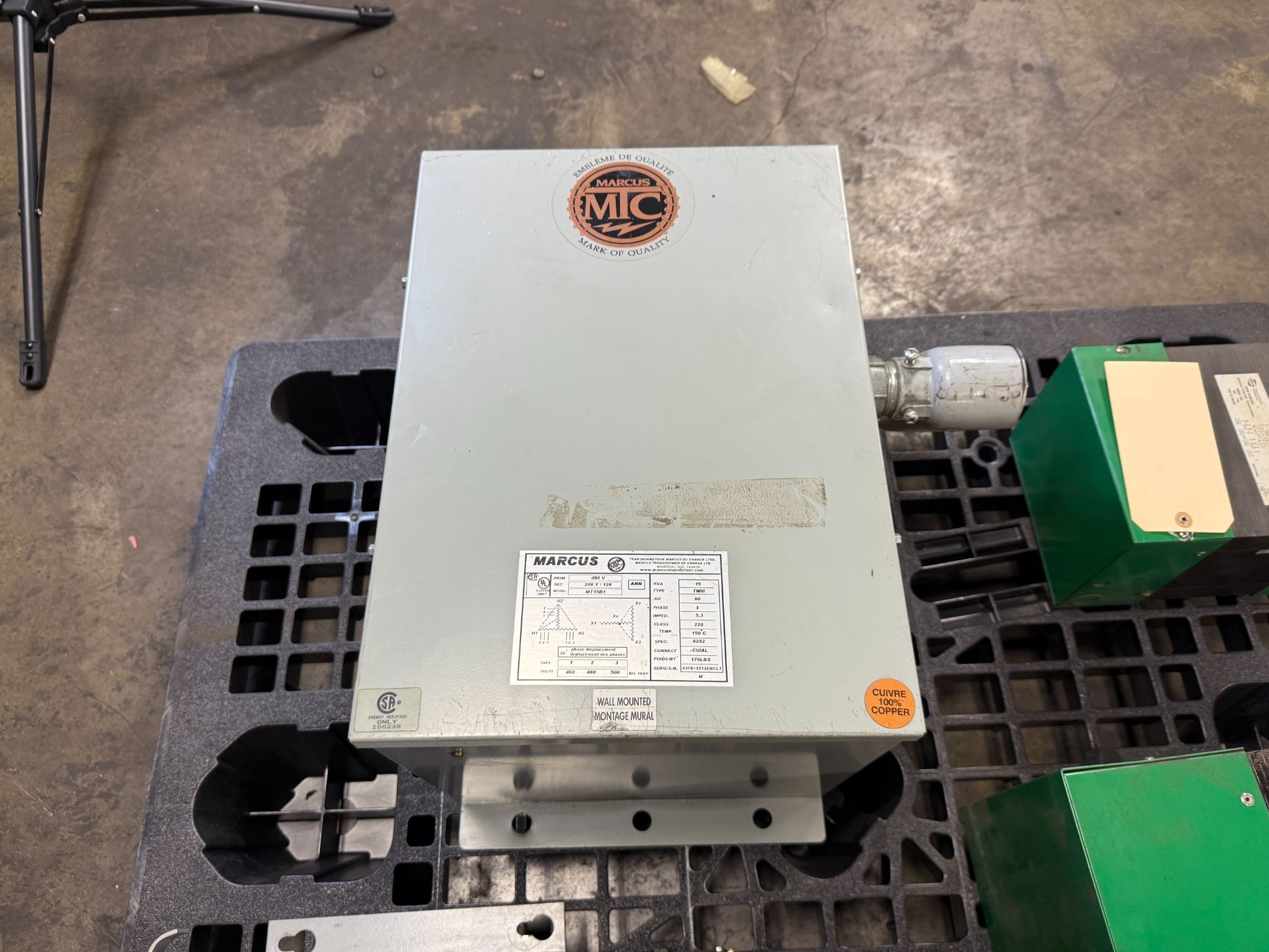 MARCUS MT15B1 Transformer 480V - 208Y/120, 3 PH, 15 kVa USED 0