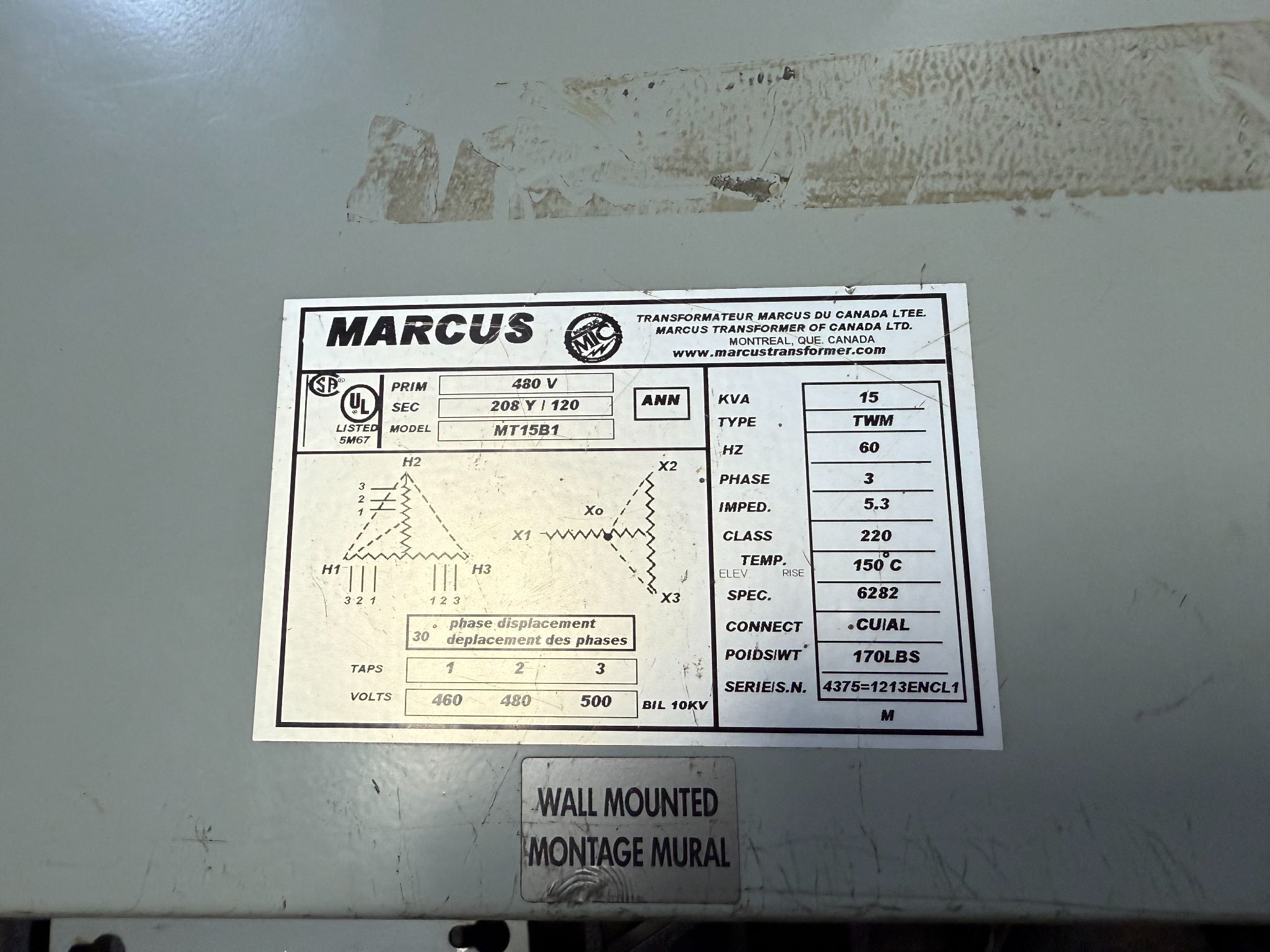 MARCUS MT15B1 Transformer 480V - 208Y/120, 3 PH, 15 kVa USED 3