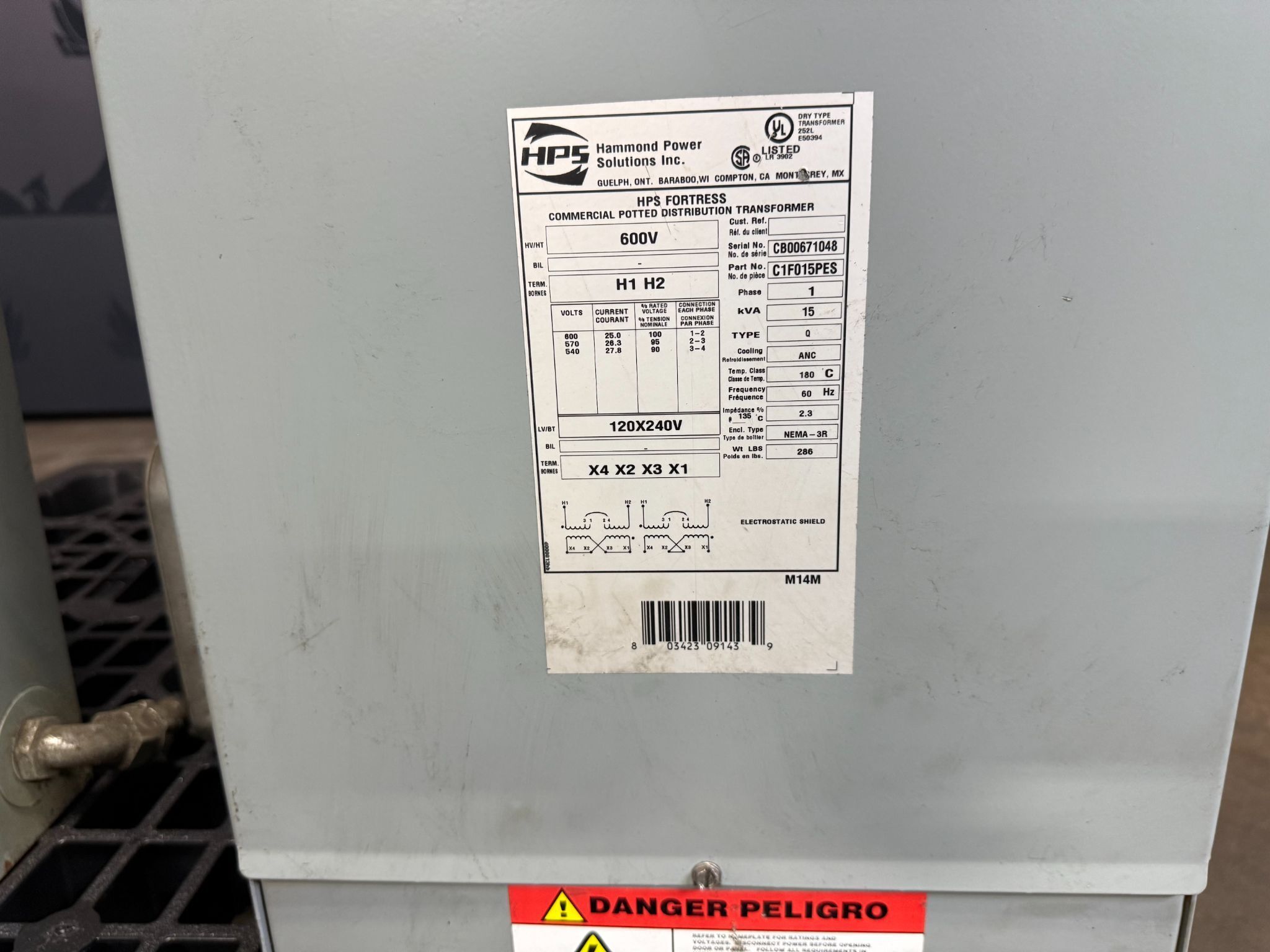 HPS C1F015PES Transformer 600V - 120 x 240V, 1 Ph, 15 kVa USED 1