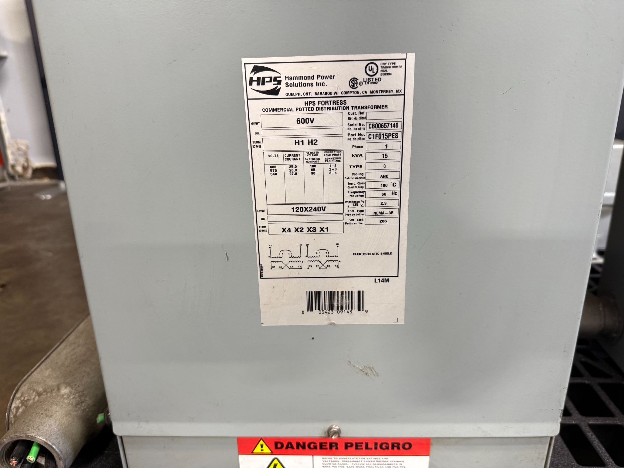 HPS C1F015PES Transformer 600V - 120 x 240V, 1 Ph, 15 kVa USED 1