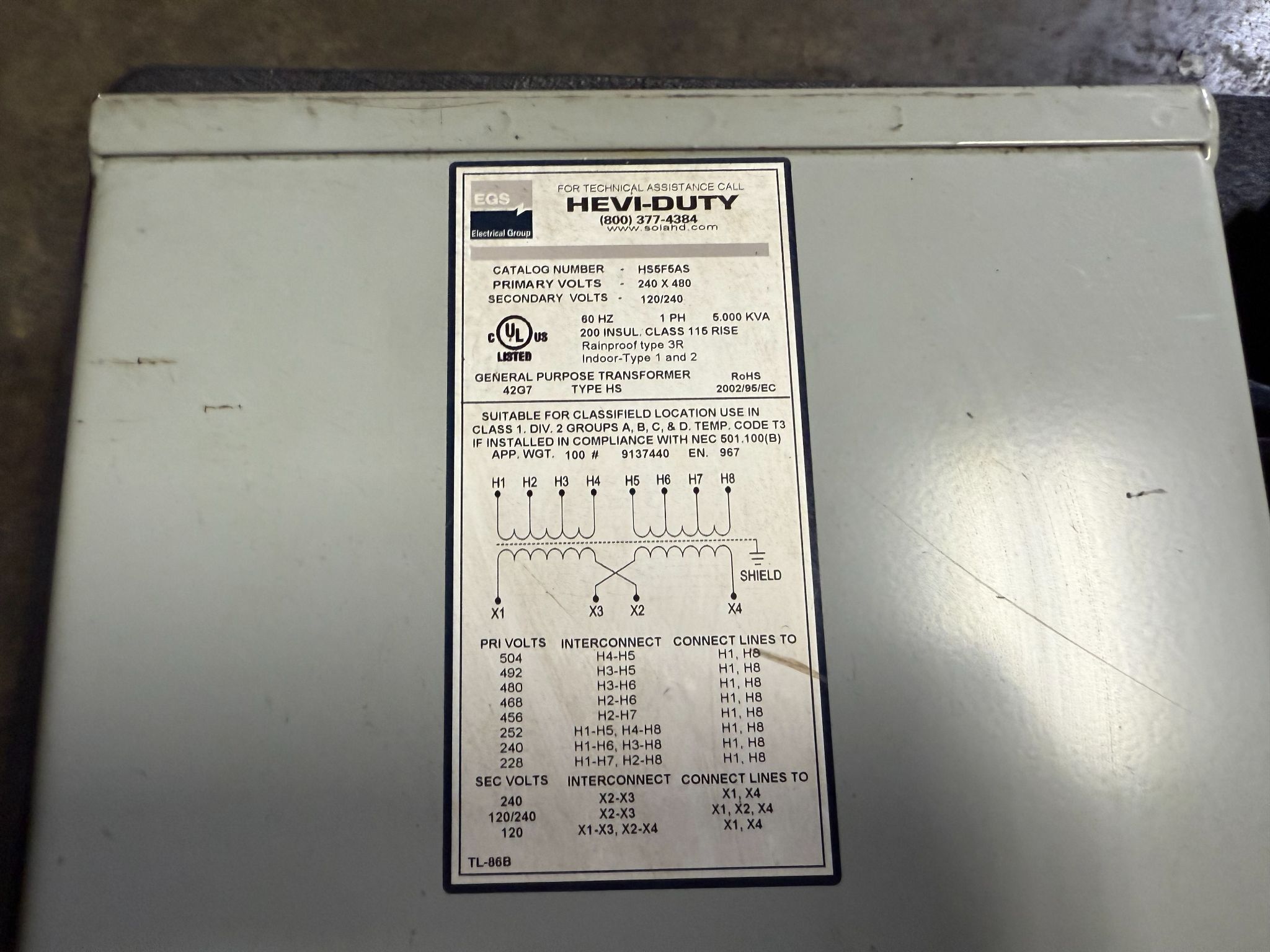 SolaHD HS5F5AS Transformer 240 x 480 - 120/240V, 1 PH, 5 kVa USED 3