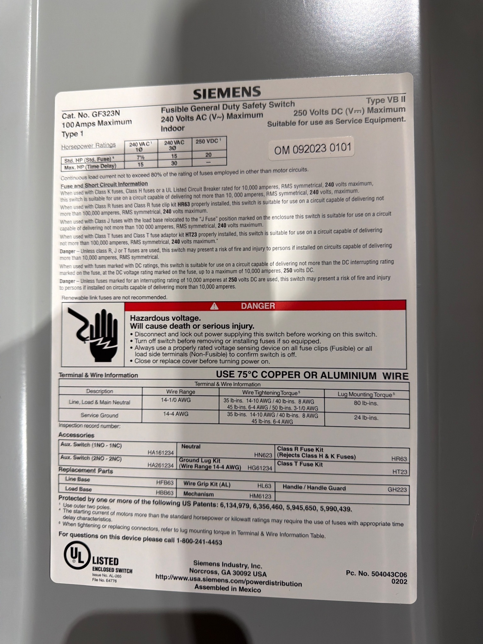 2023 SIEMENS SN2020L1125 ENCLOSURE WITH TWO GF323N SAFETY SWITCHES; USED 4