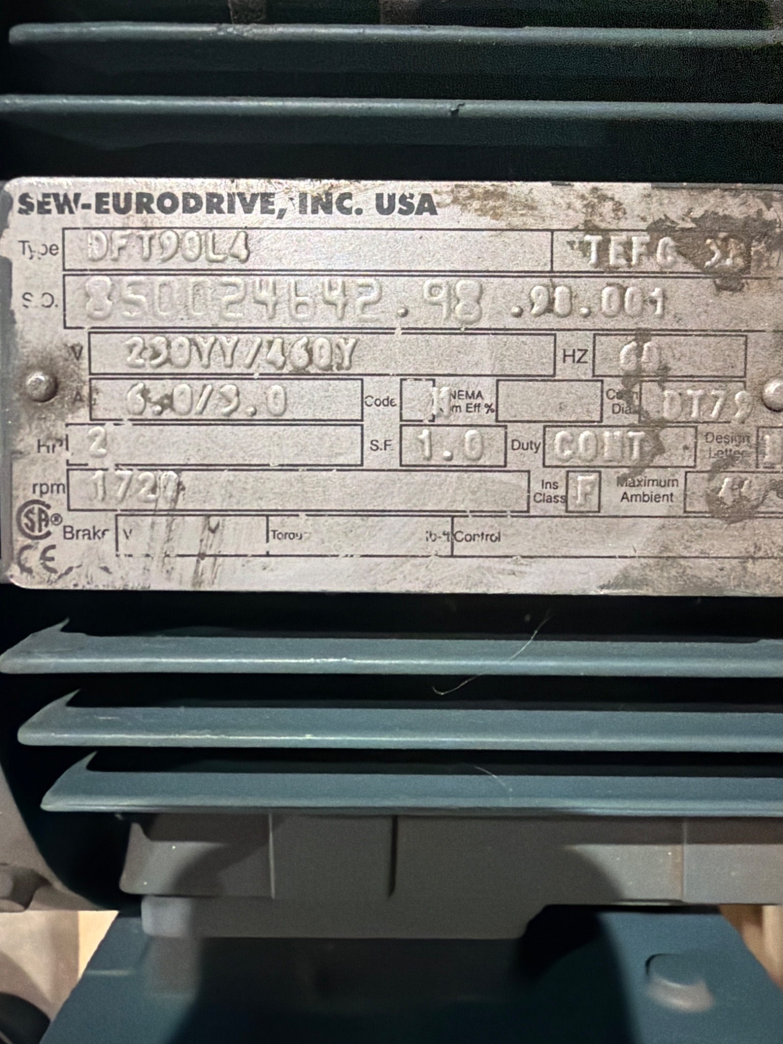 SEW‑EURODRIVE DFT90L4/K87DT90L4 2HP Gearmotor USED 5