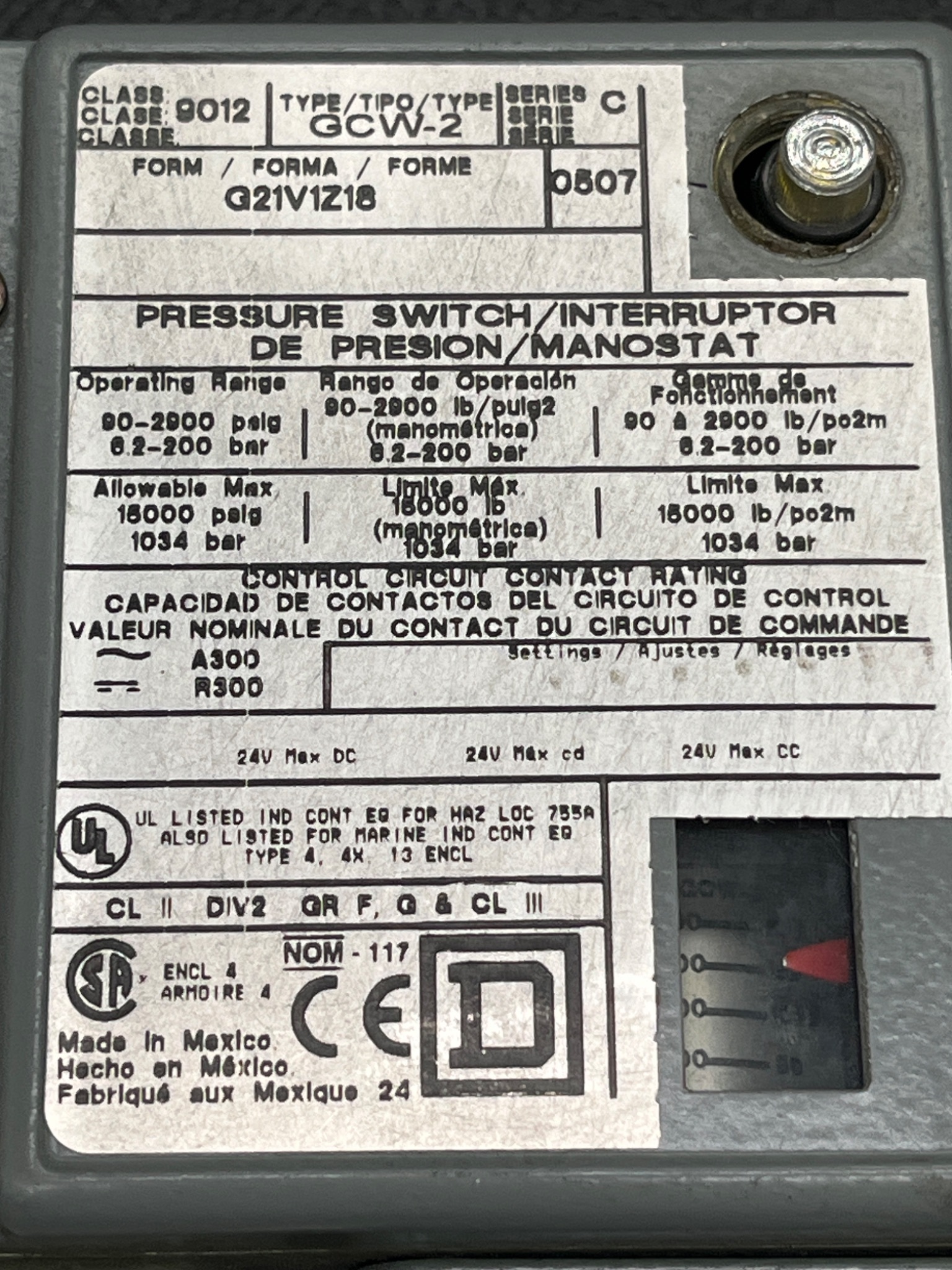 SQUARE D 9012‑GCW‑2 Industrial Pressure Switch USED 5