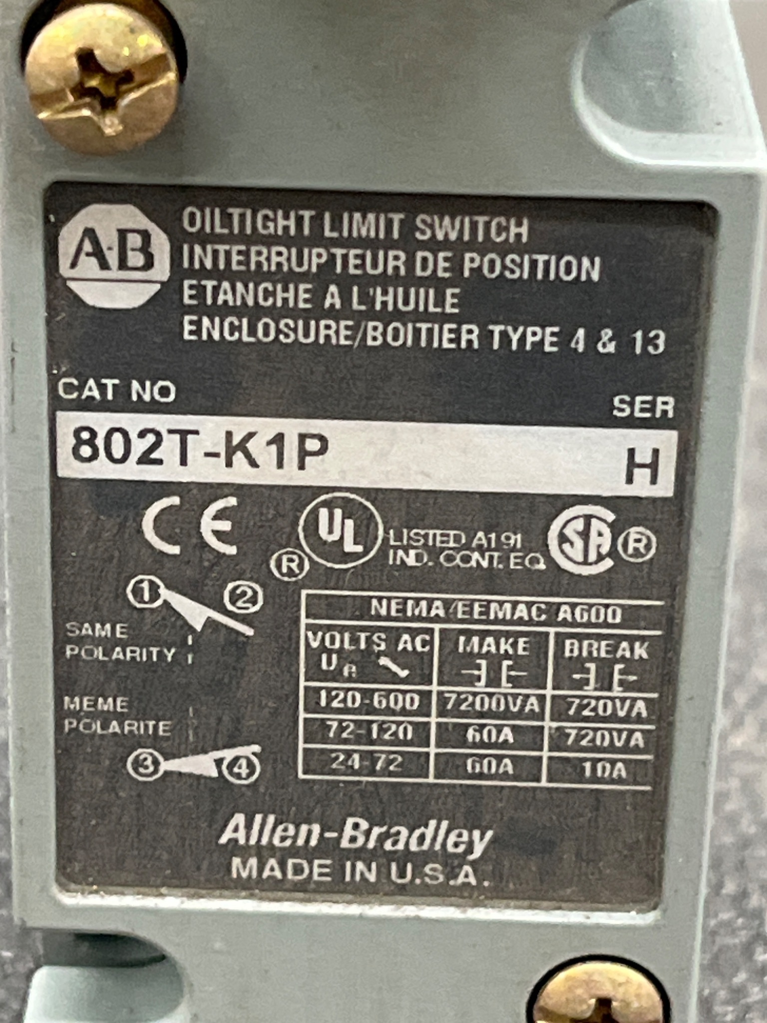 ALLEN BRADLEY 802T‑K1P Oiltight Limit Switch USED 4