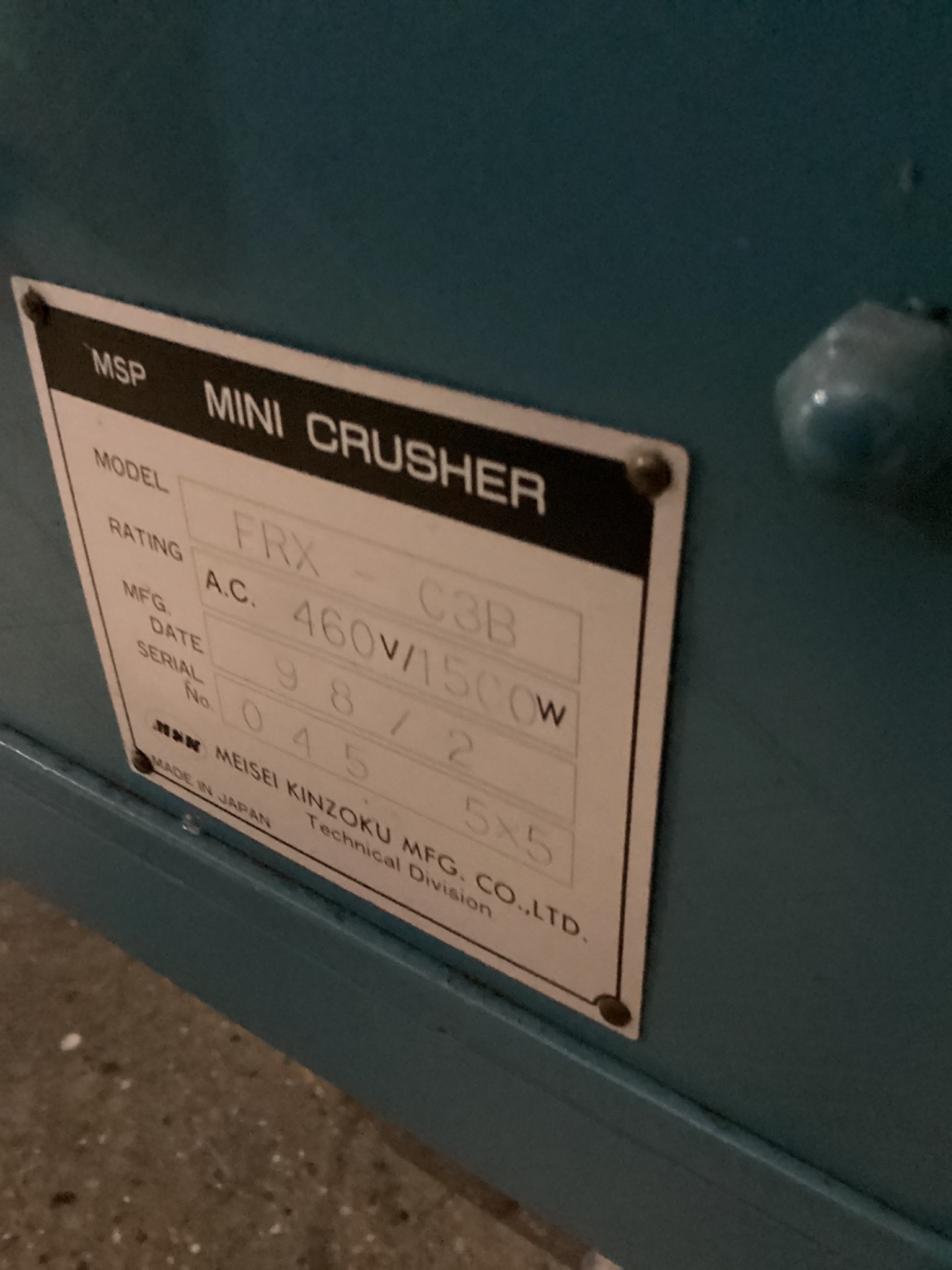 MEISEI KINZOKU FRX C3B PLASTIC GRANULATOR 460V USED 5