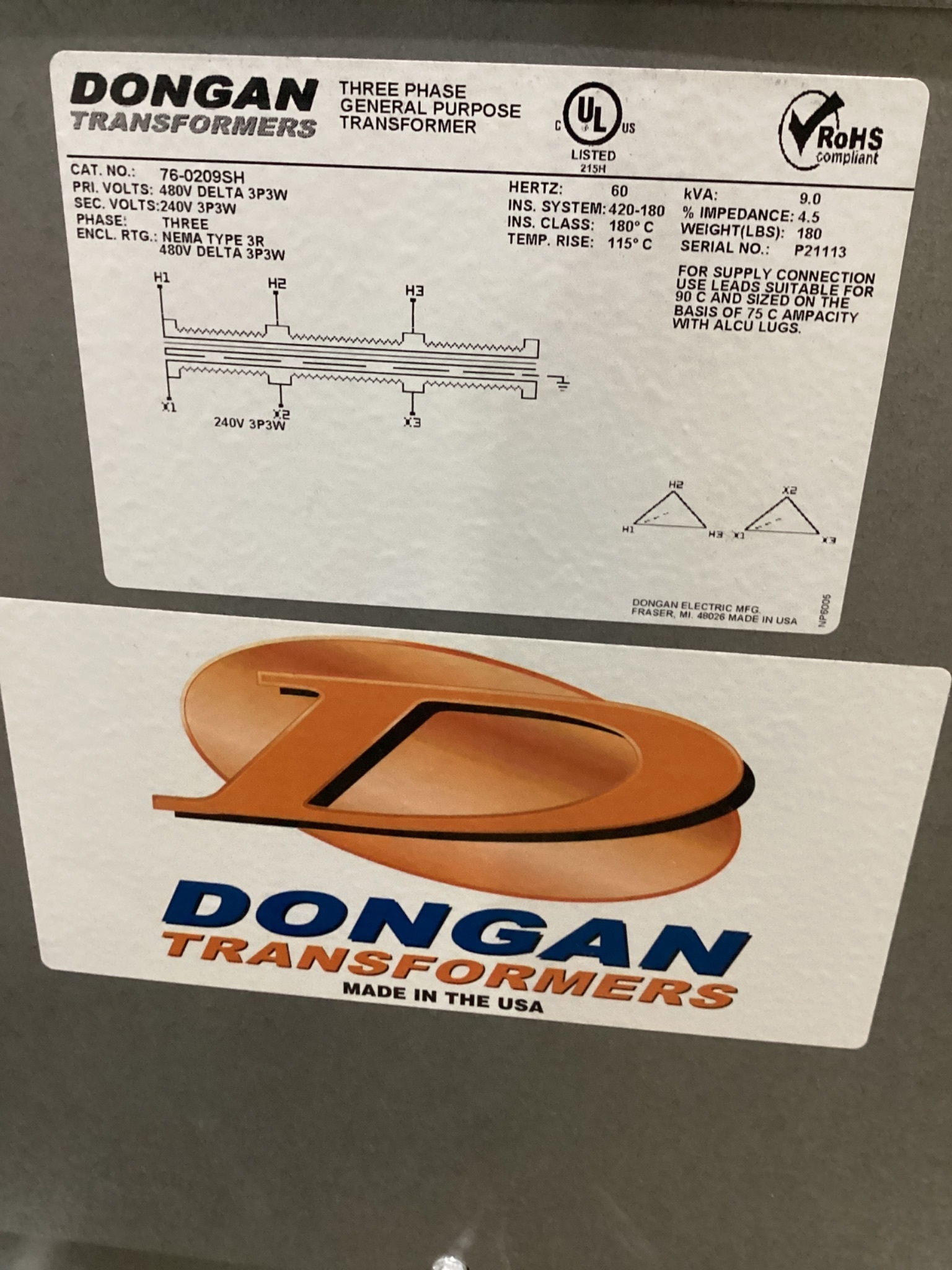 DONGAN 76‑0209SH 9 KVA Transformer 480V - 240V USED 3