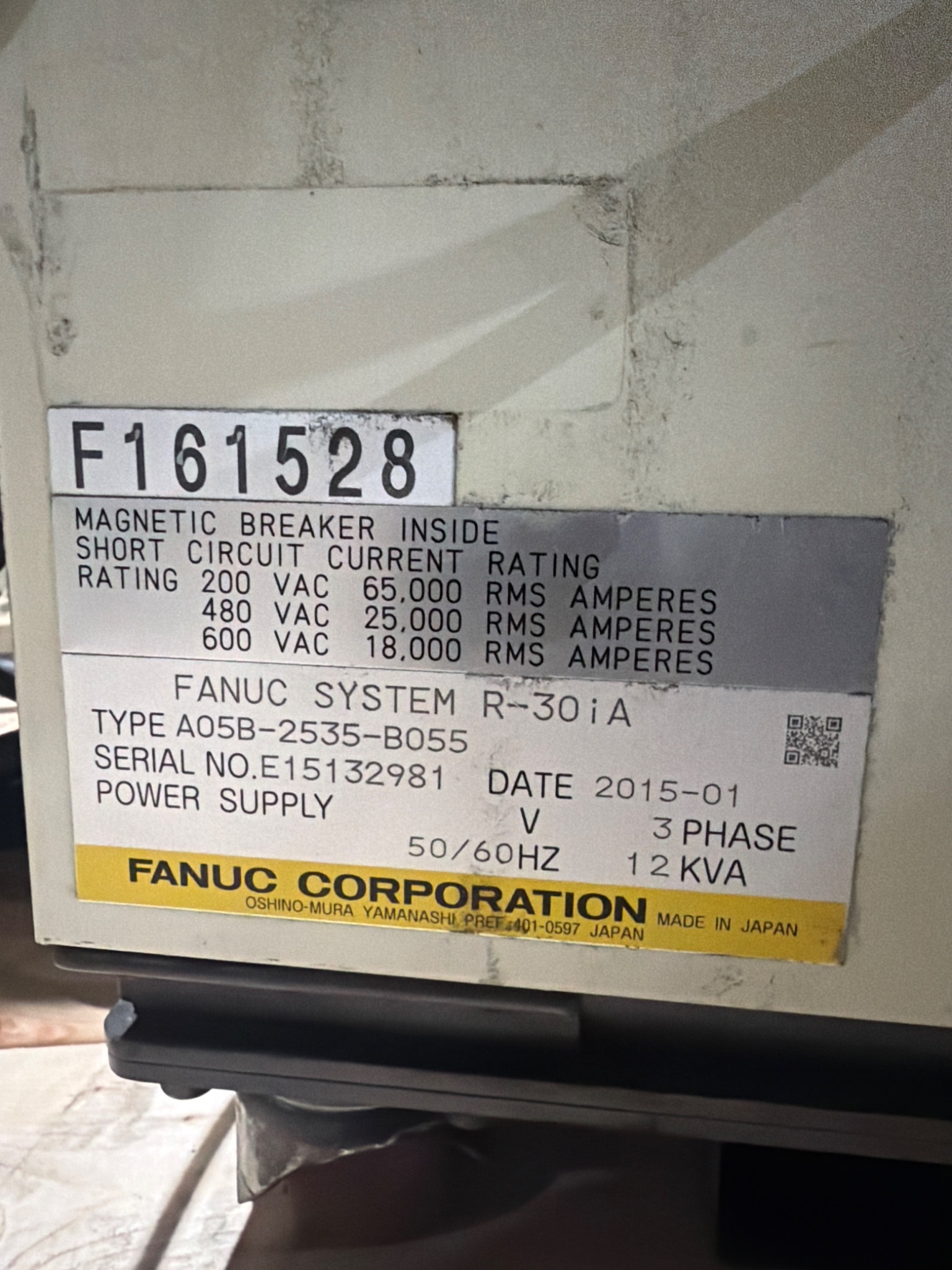 2015 FANUC R‑2000iB/125L Robot w/ R‑30iA Controller; USED 9
