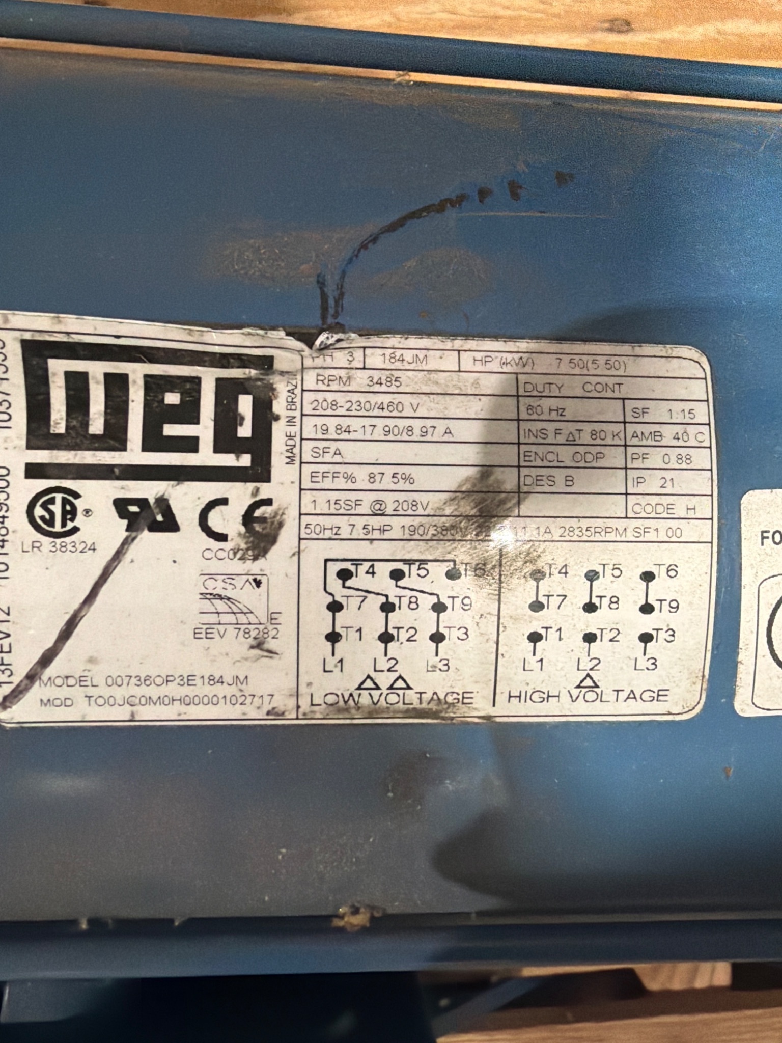USED WEG 00736OP3E184JM 7.5HP JM Pump Motor 4