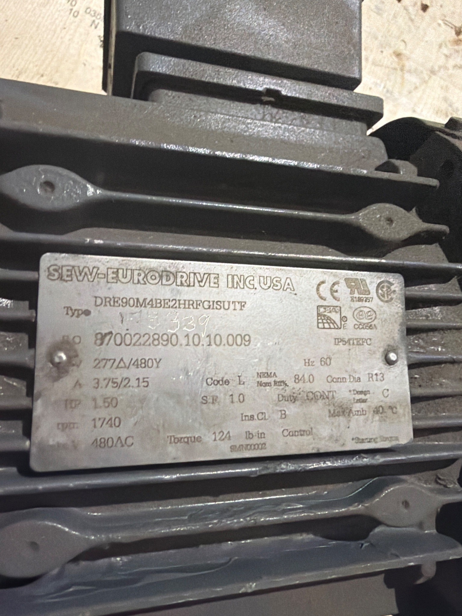 SEW EURODRIVE DRE90M4BE2HRFGISUTF 1.5 HP Gear Motor USED 4