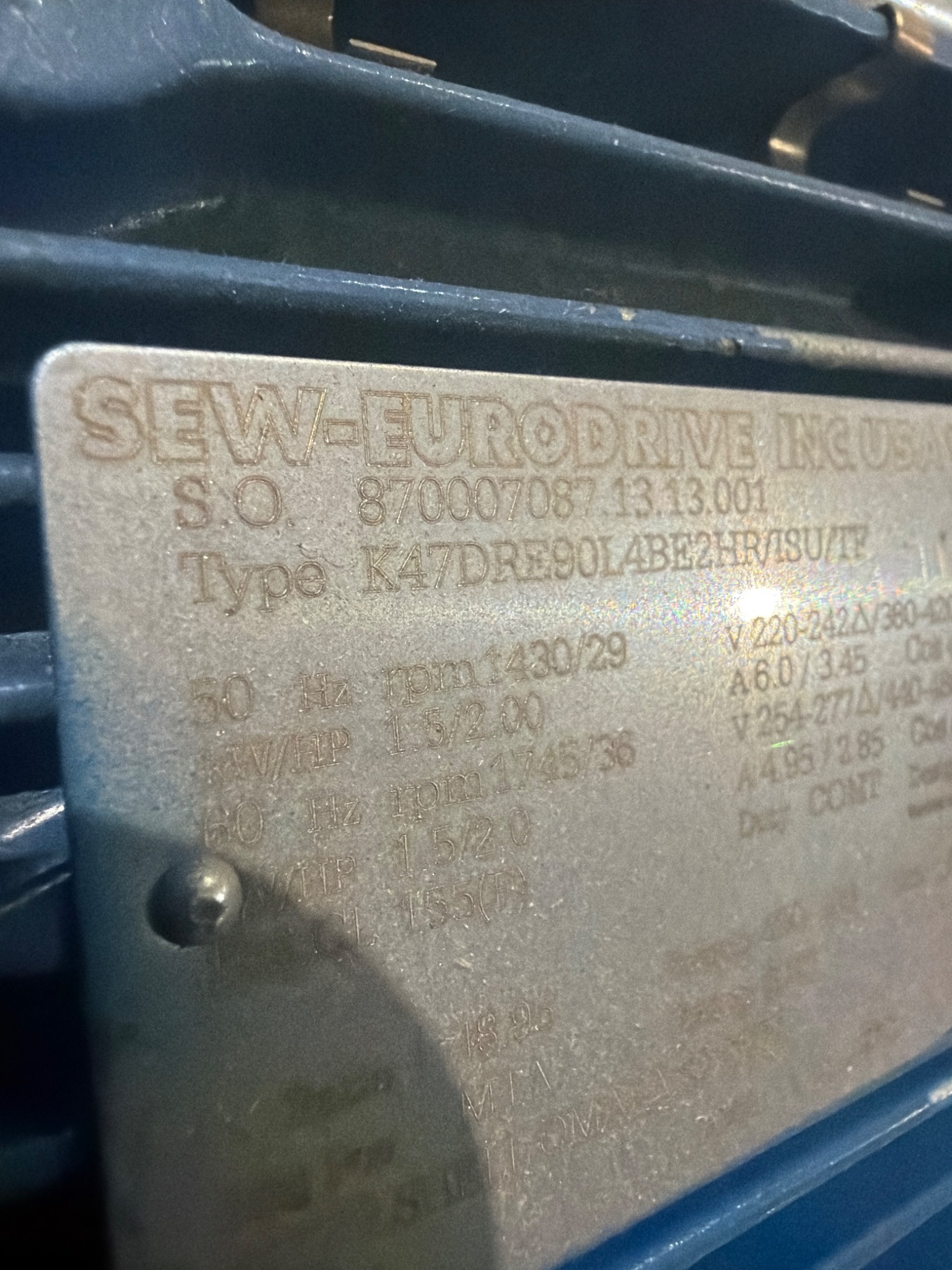 SEW EURODRIVE K47DRE90L4BE2HR/ISU/TF Gear Motor USED 4