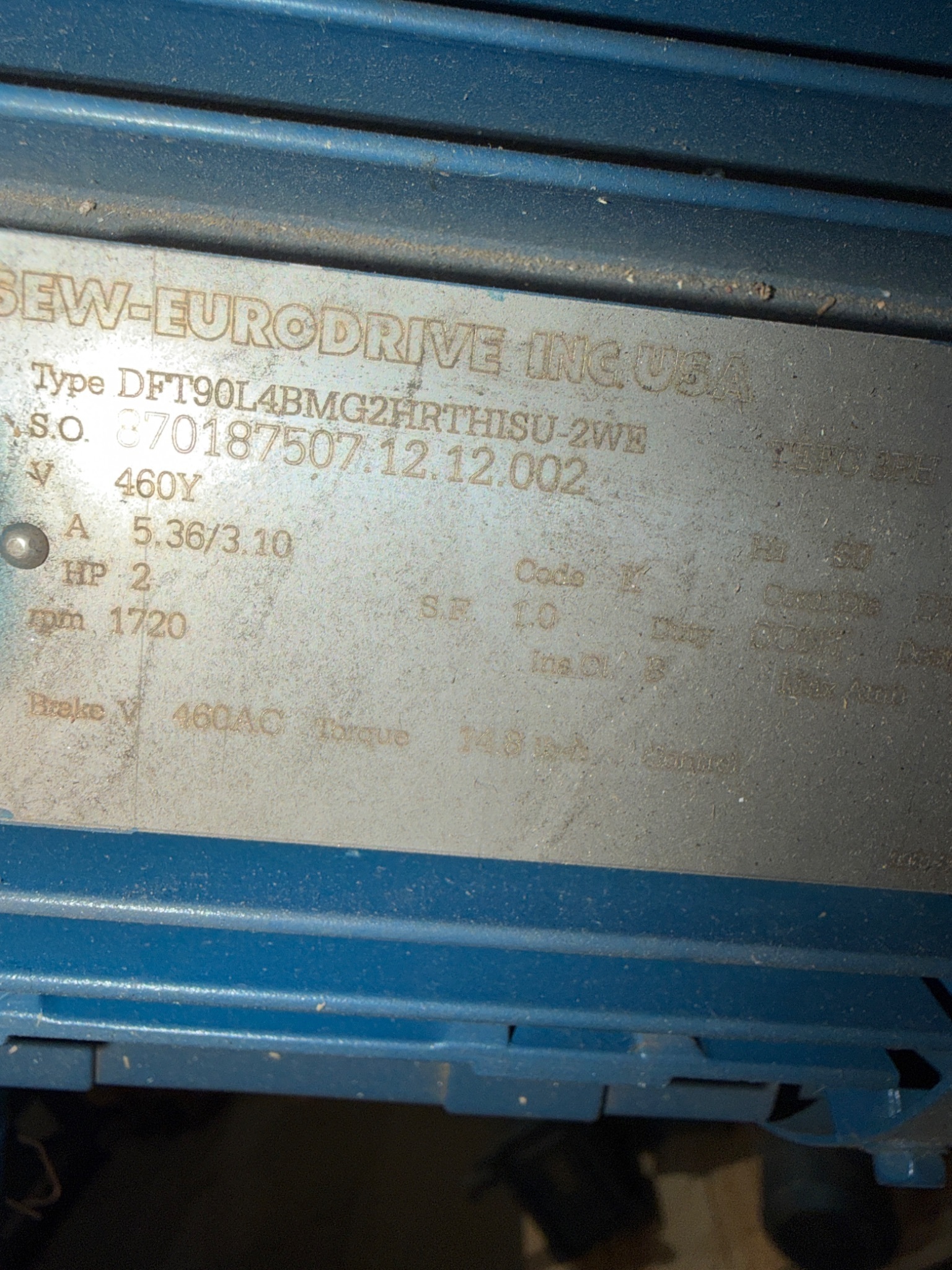 SEW EURODRIVE DFT90L4BMG2HRTHISU‑2WE Gear Motor Assembly 166.47:1 USED 3