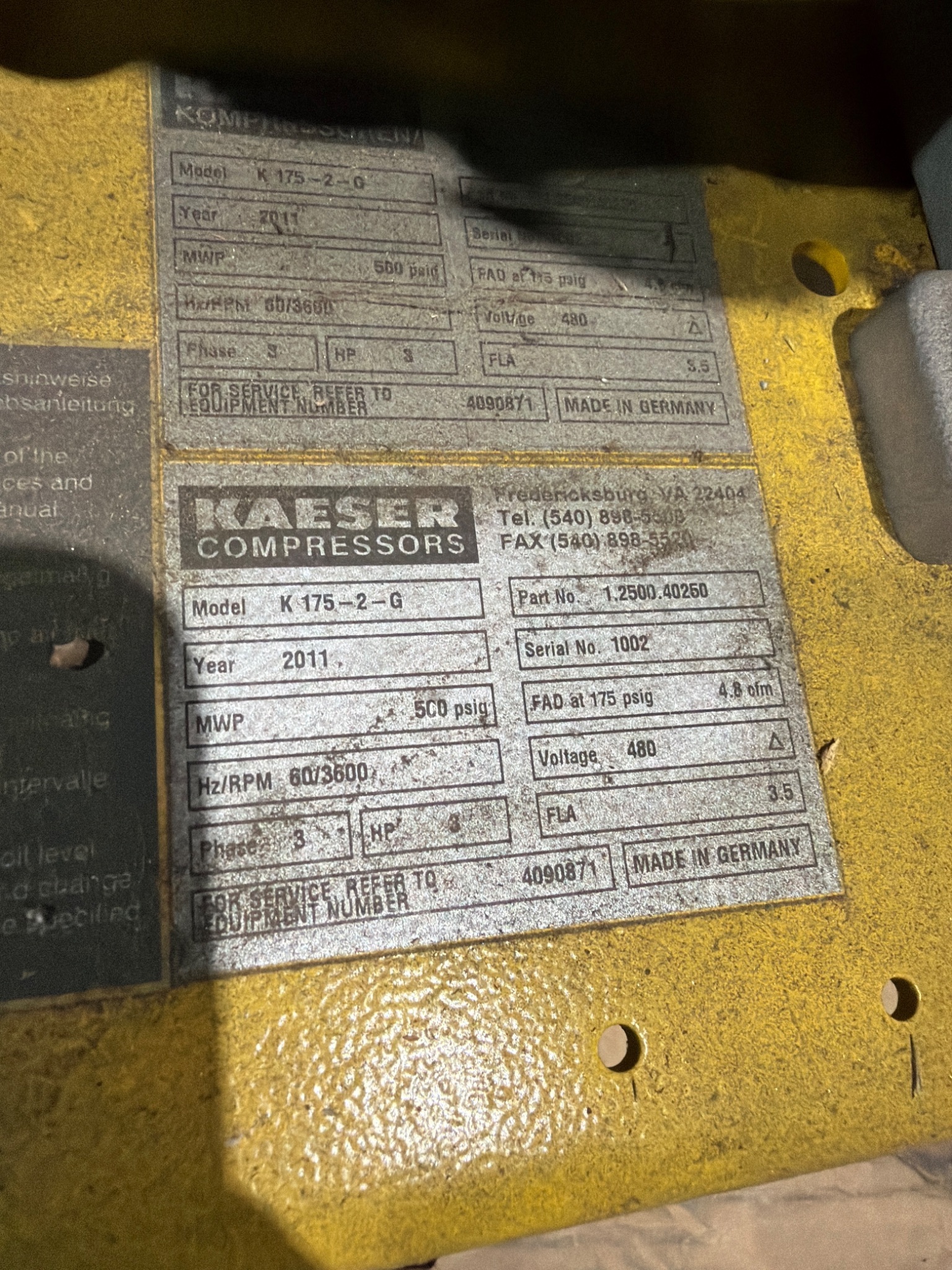KAESER K175‑2‑G Reciprocating Compressor USED 5