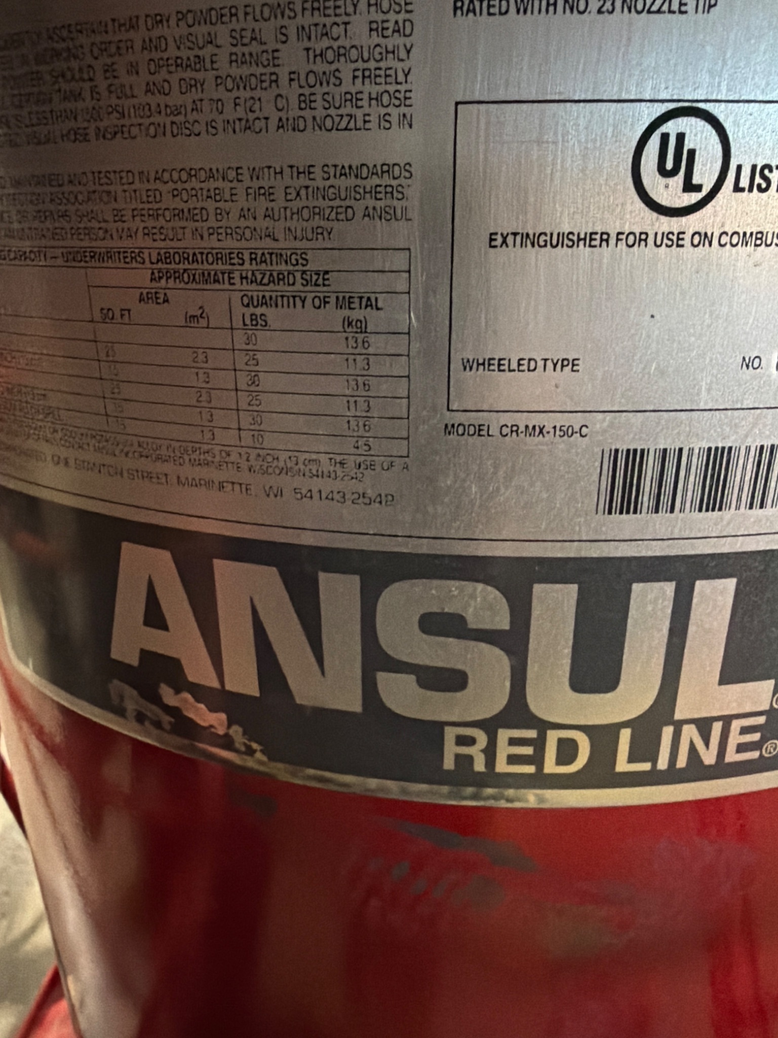 ANSUL RED LINE CR MX 150 C WHEELED FIRE EXTINGUISHER USED 4