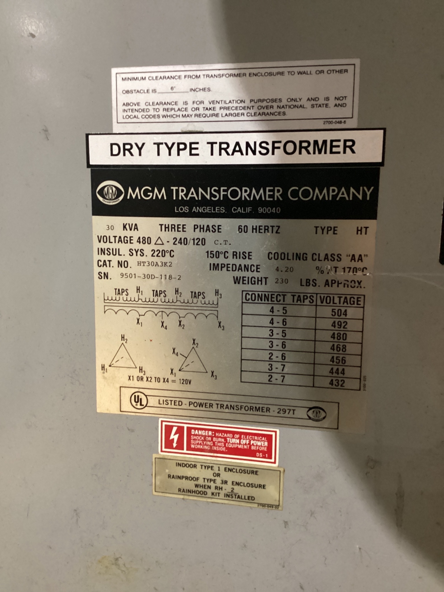 MGM HT30A3K2 Transformer 480V - 240/120V 30 KVA 3PH USED 3