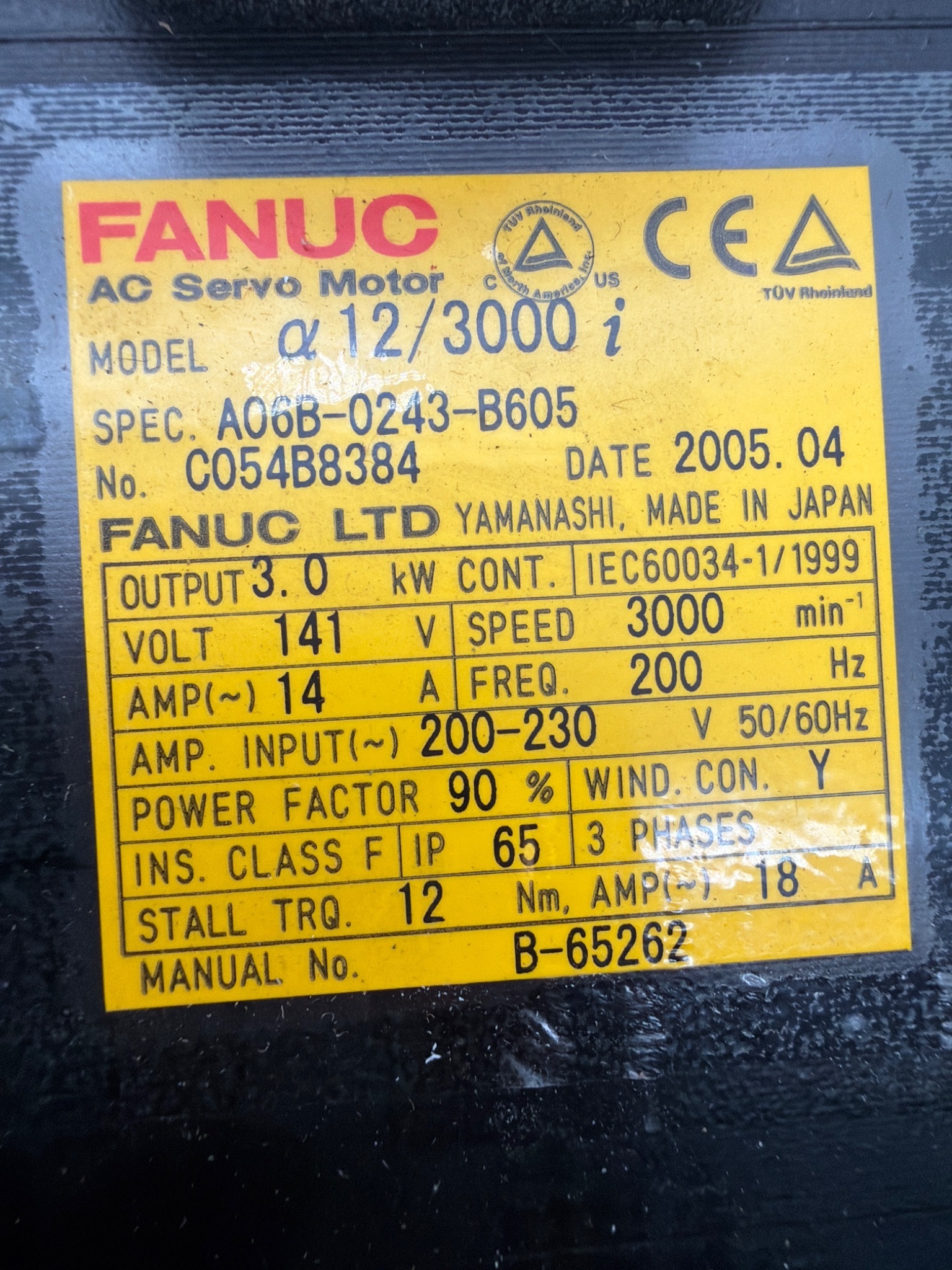 FANUC A06B‑0243‑B605 α12/3000i AC Servo Motor USED 2