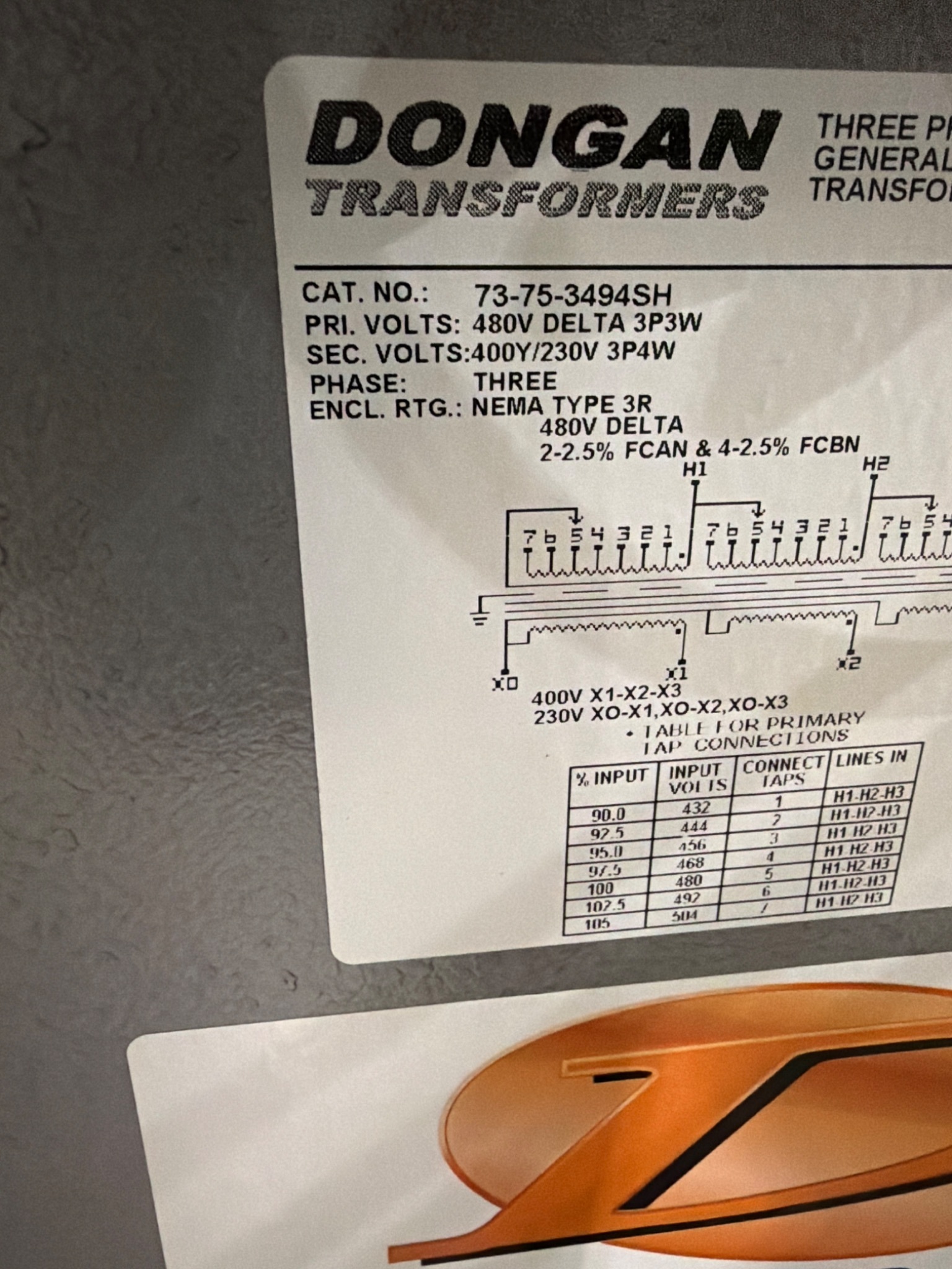 DONGAN 73 75 3494SH 75 KVA THREE PHASE TRANSFORMER USED 4