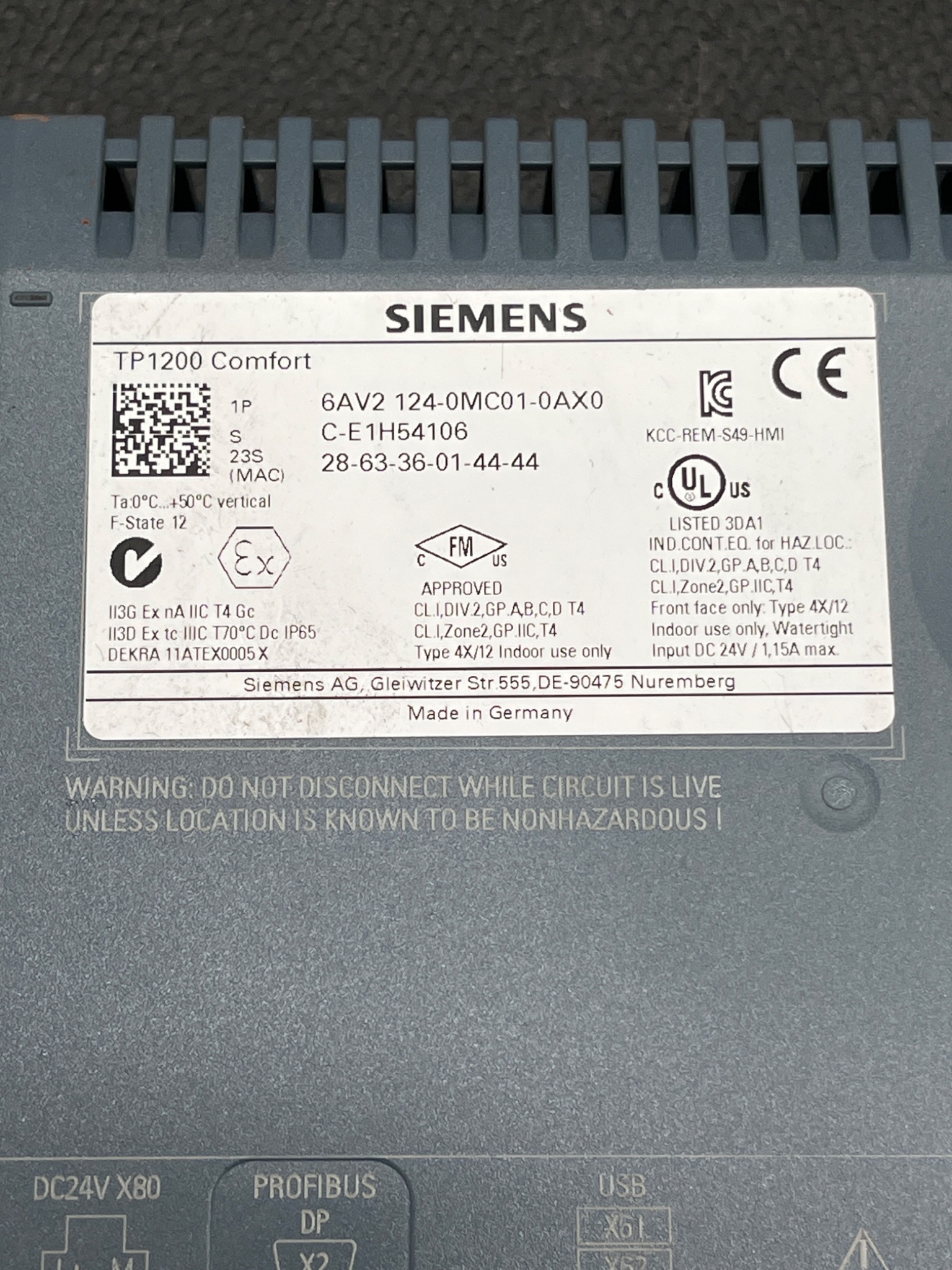 SIEMENS 6AV2124-0MC01-0AX0 TP1200 COMFORT HMI OPERATOR PANEL USED SCREEN DMG 4