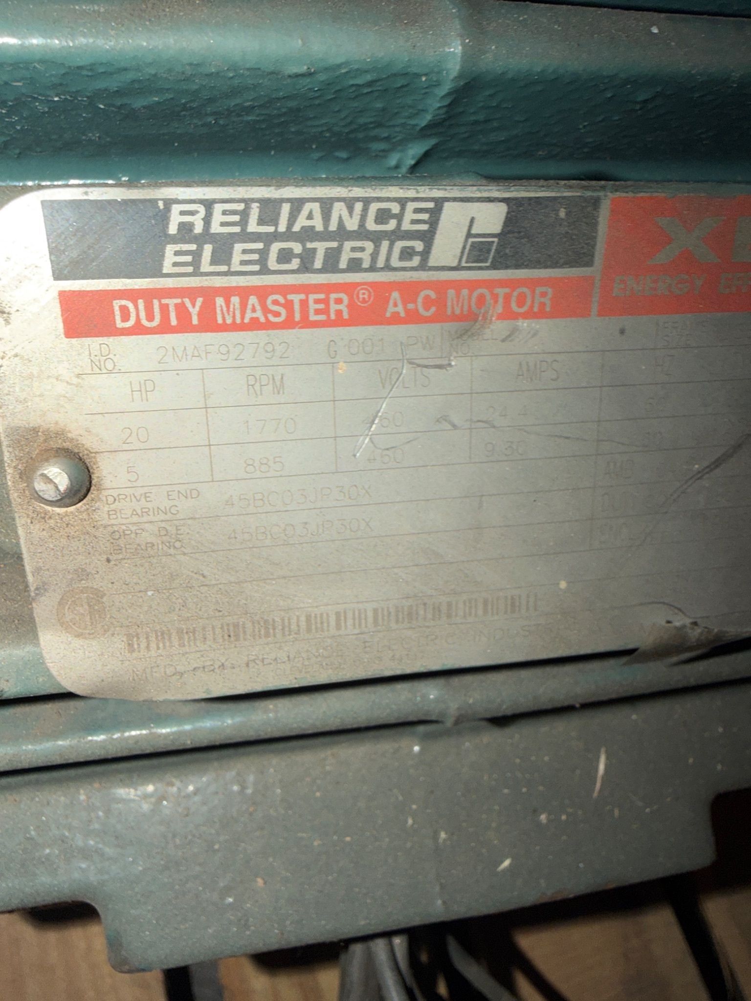 RELIANCE ELECTRIC DUTY MASTER AC MOTOR 20HP 1770RPM USED 4