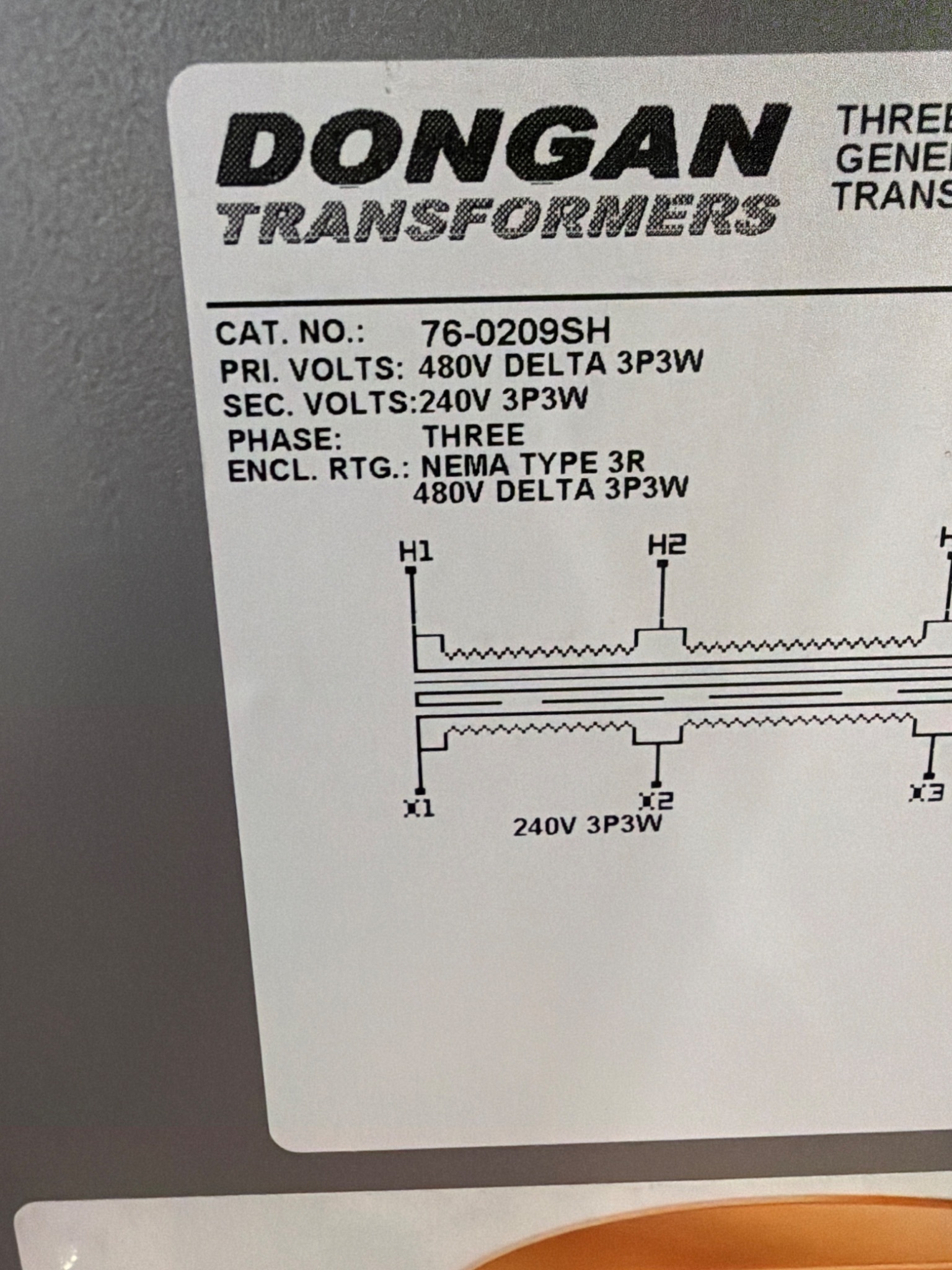 DONGAN 76‑0209SH 9 KVA Transformer 480V - 240V USED 2