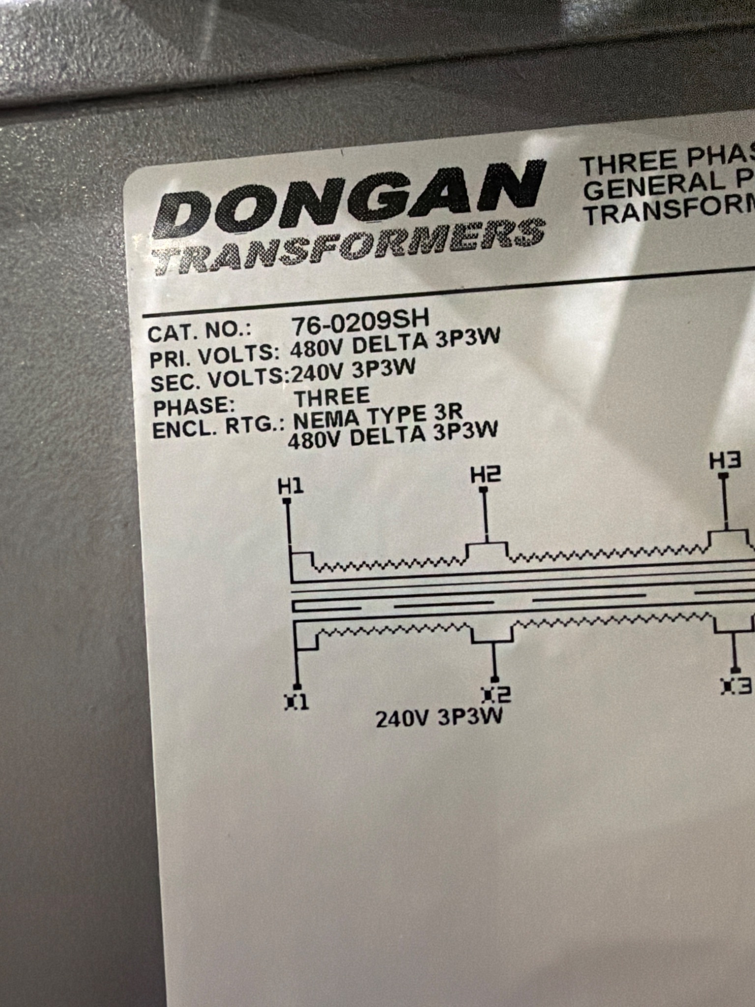 DONGAN 76‑0209SH 9 KVA Transformer 480V - 240V USED 4