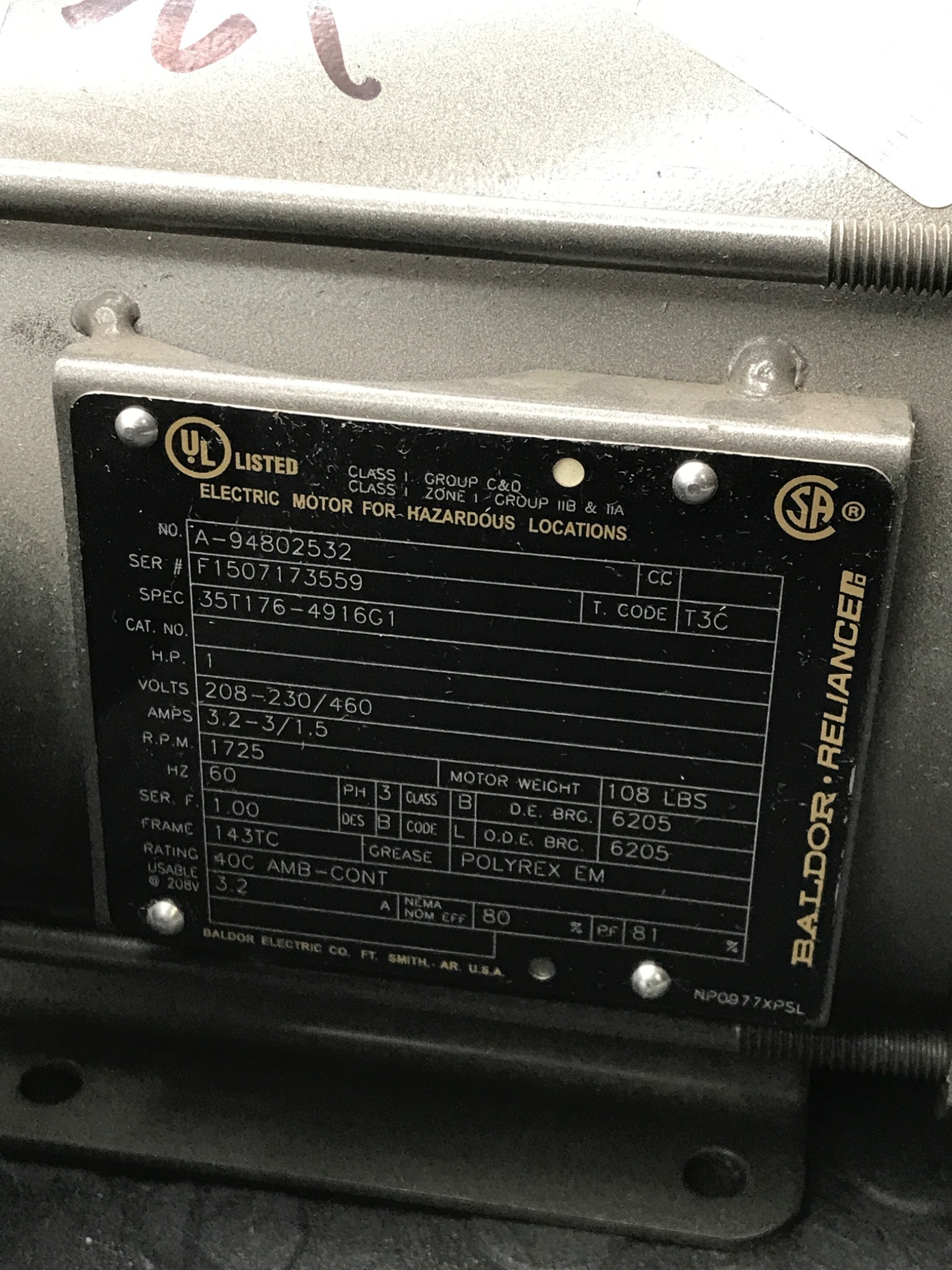 BALDOR 35T176‑4916G1 1HP Motor USED 5