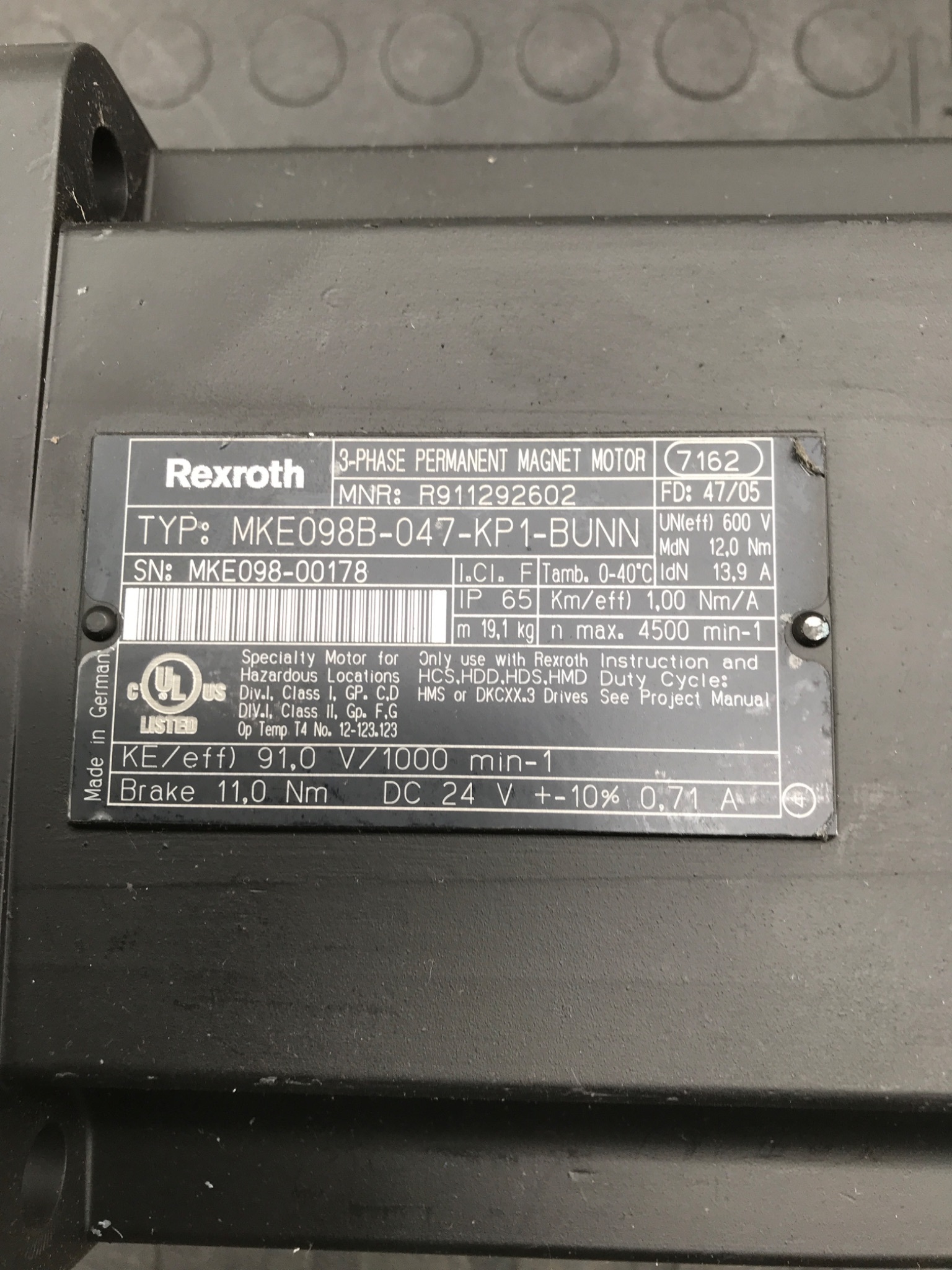REXROTH MKE098B‑047‑KP1‑BUNN 3‑Phase Servo Motor R91129202 NEW NO BOX 2