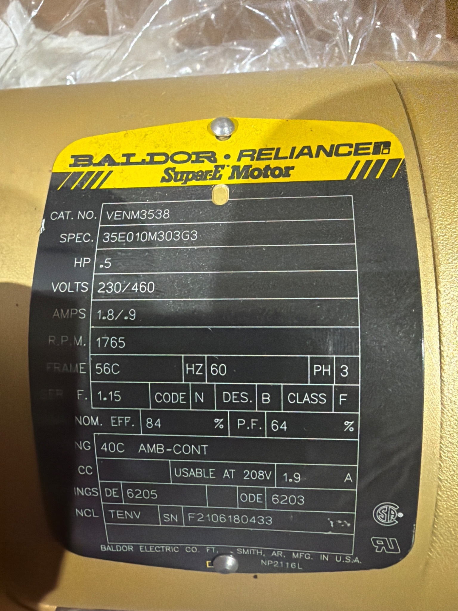 Baldor Reliance VENM3538 Super‑E Motor 0.5 HP 230/460V 1765 RPM 3PH NEW 0