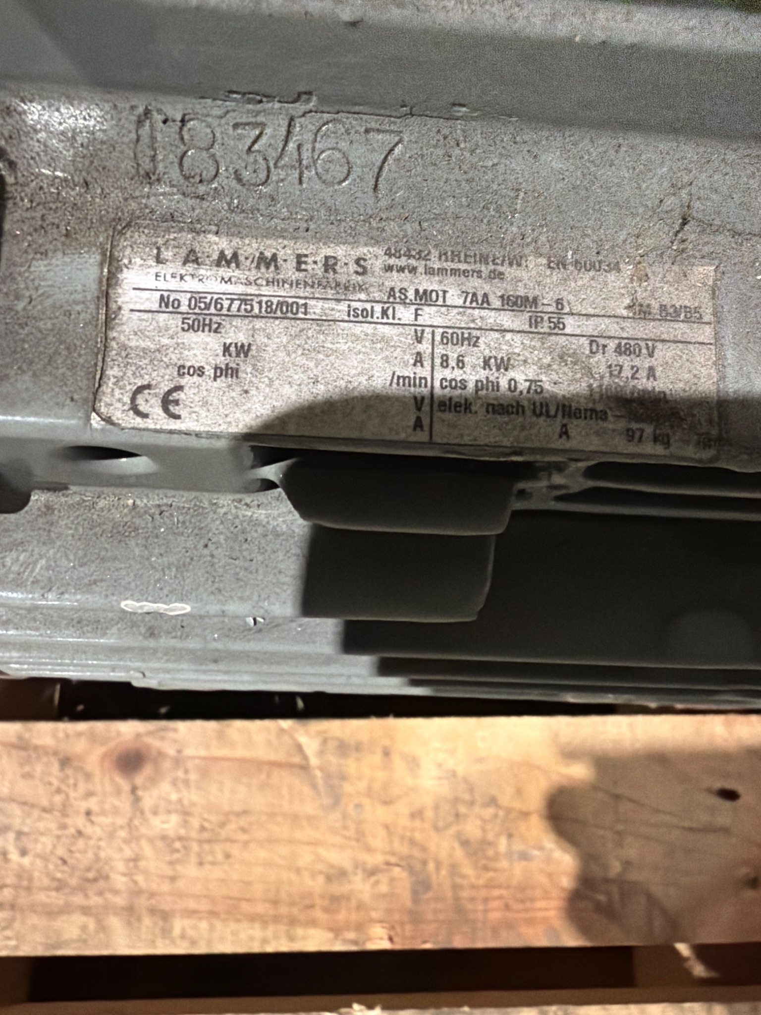 LAMMERS AS. MOT 7AA 160M‑6 AC Electric Motor 8.6 kW 480V 3‑Phase USED 4