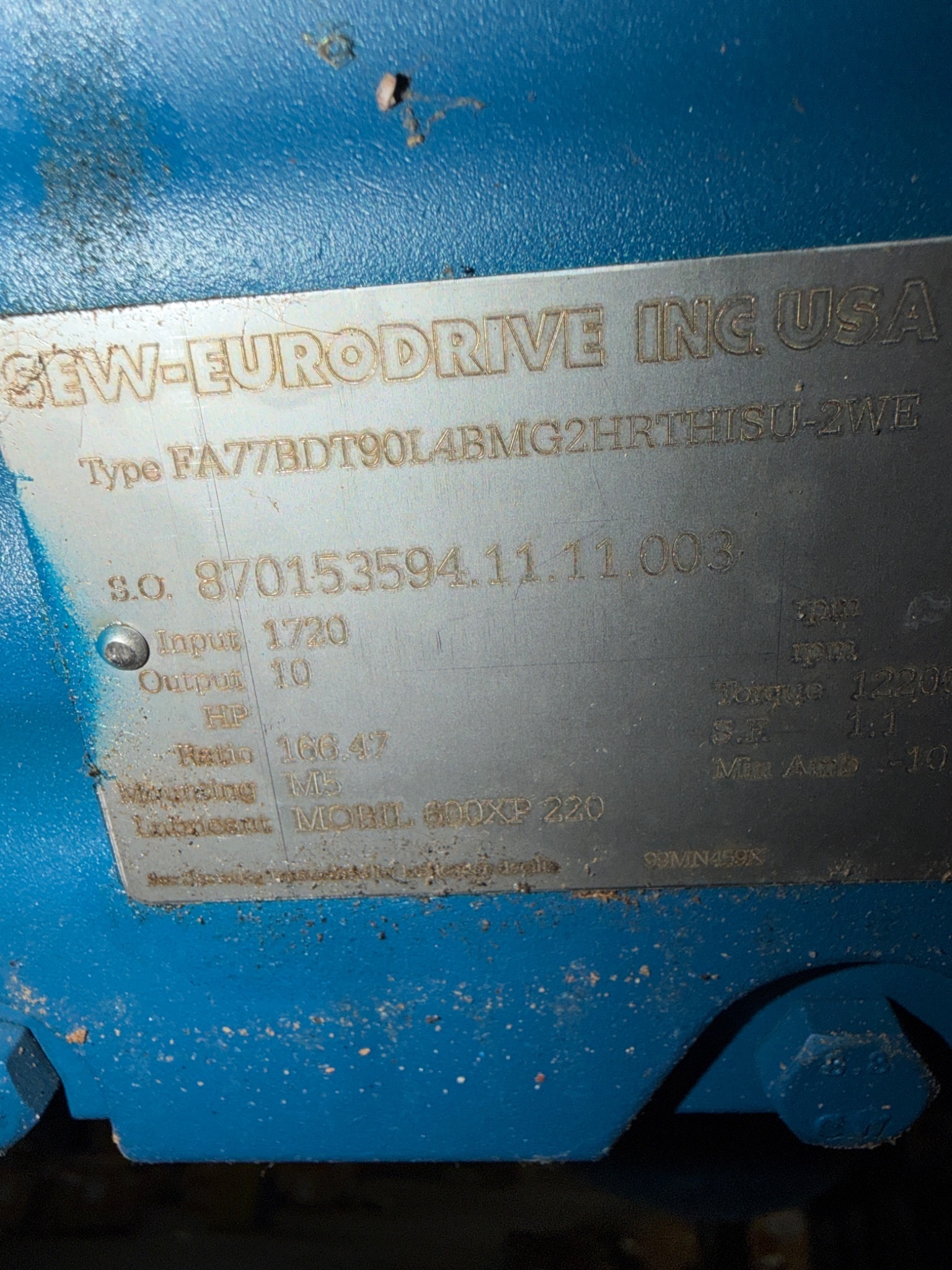 SEW‑EURODRIVE Gearmotor Assembly FA77BDT90L4BMG2HRTHISU‑2WE 480V USED 6