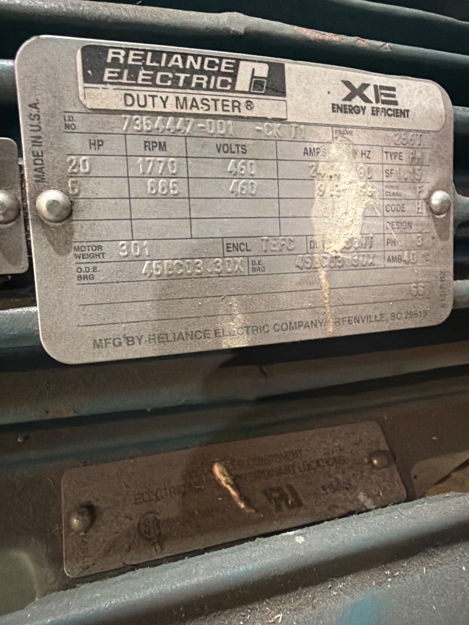Reliance Electric Duty Master XE 20 HP Motor 460V 3‑Phase 1770 RPM USED 4