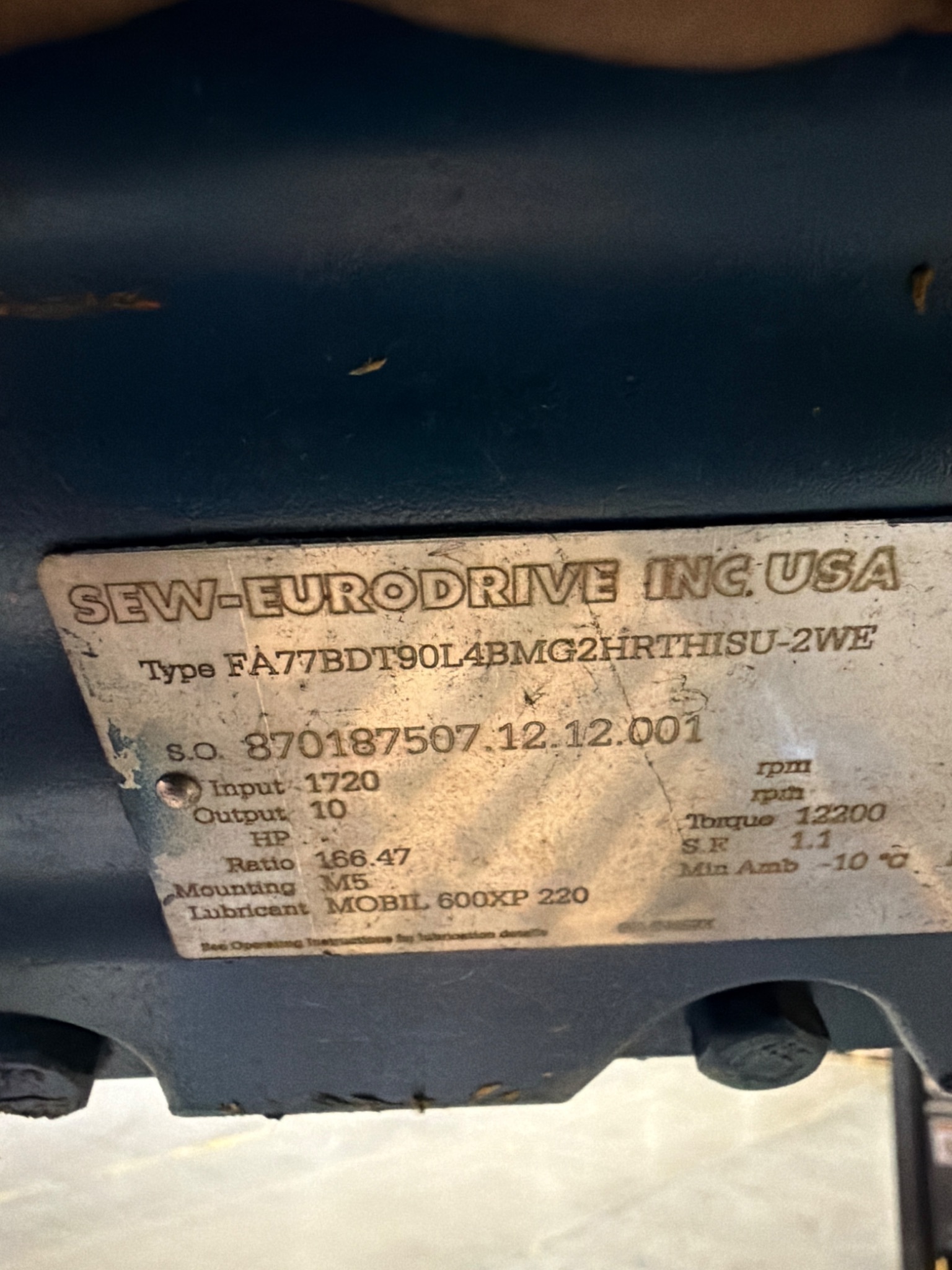 SEW‑EURODRIVE FA77BDT90L4 Gearmotor 2HP 460V Brake NEW 7