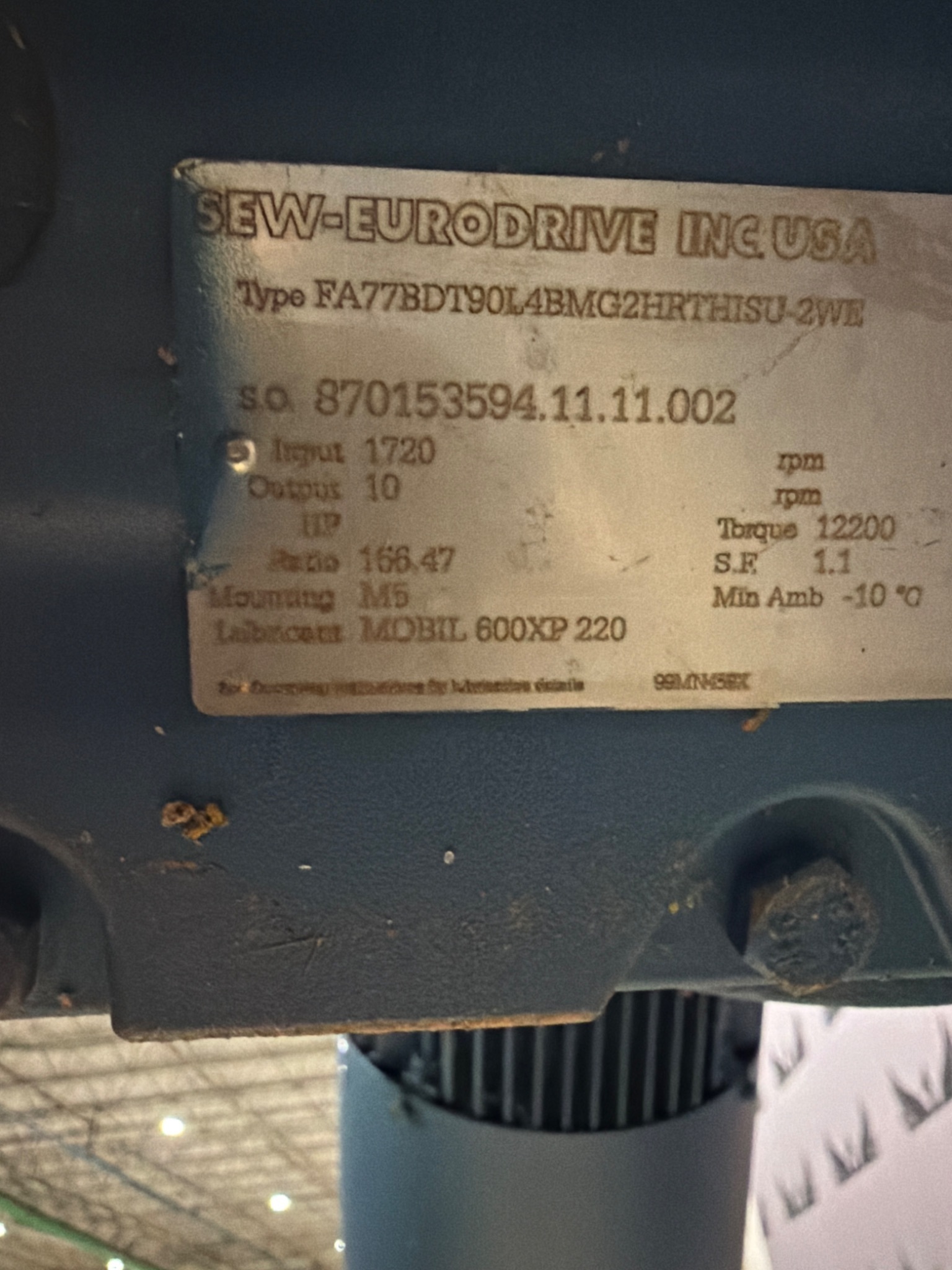 SEW‑EURODRIVE FA77BDT90L4 Gearmotor 2HP 166.47:1 Brake NEW 5