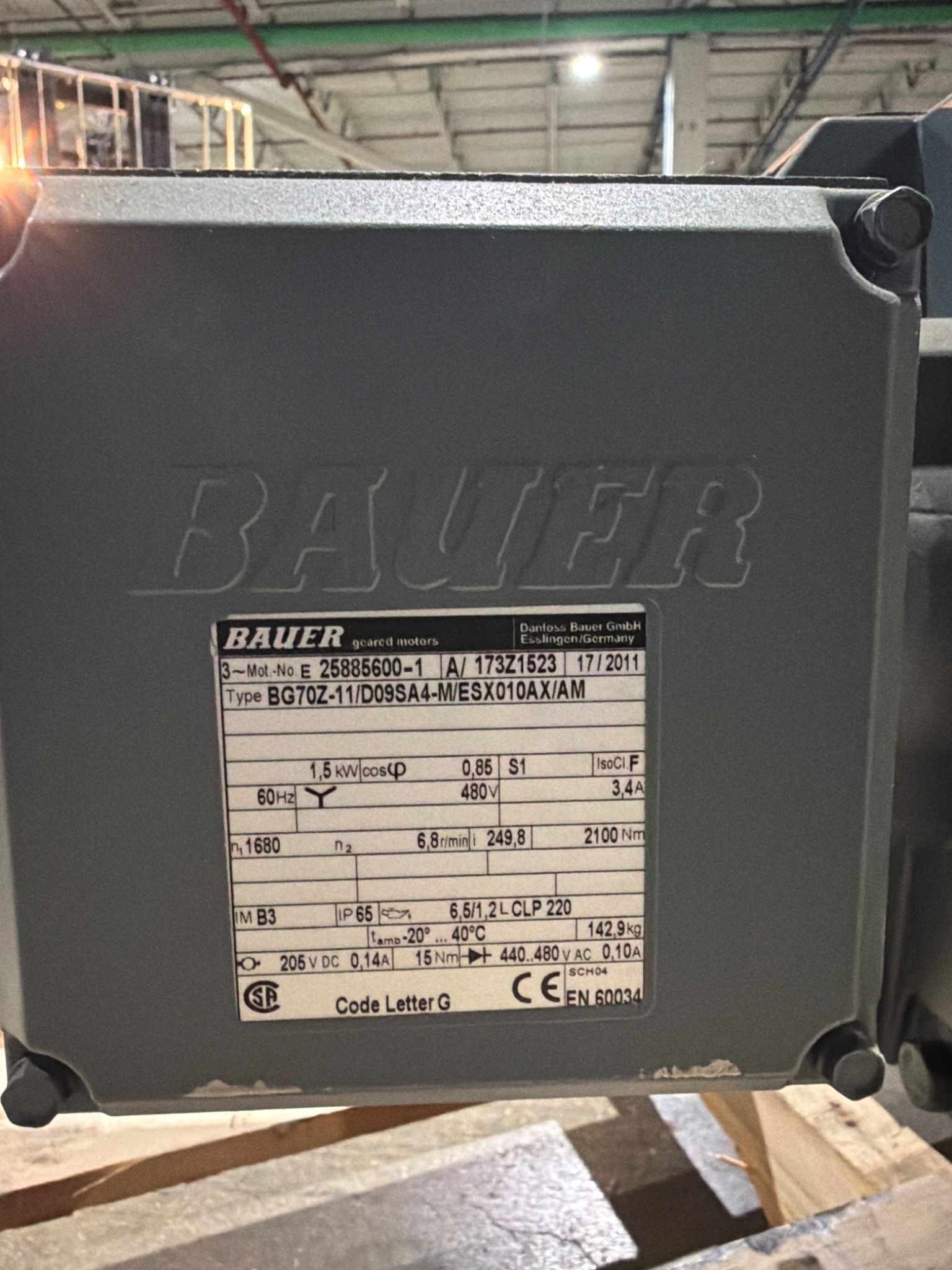 BAUER BG70Z‑11 Gearmotor 6.8 RPM 1.5 kW NEW 5