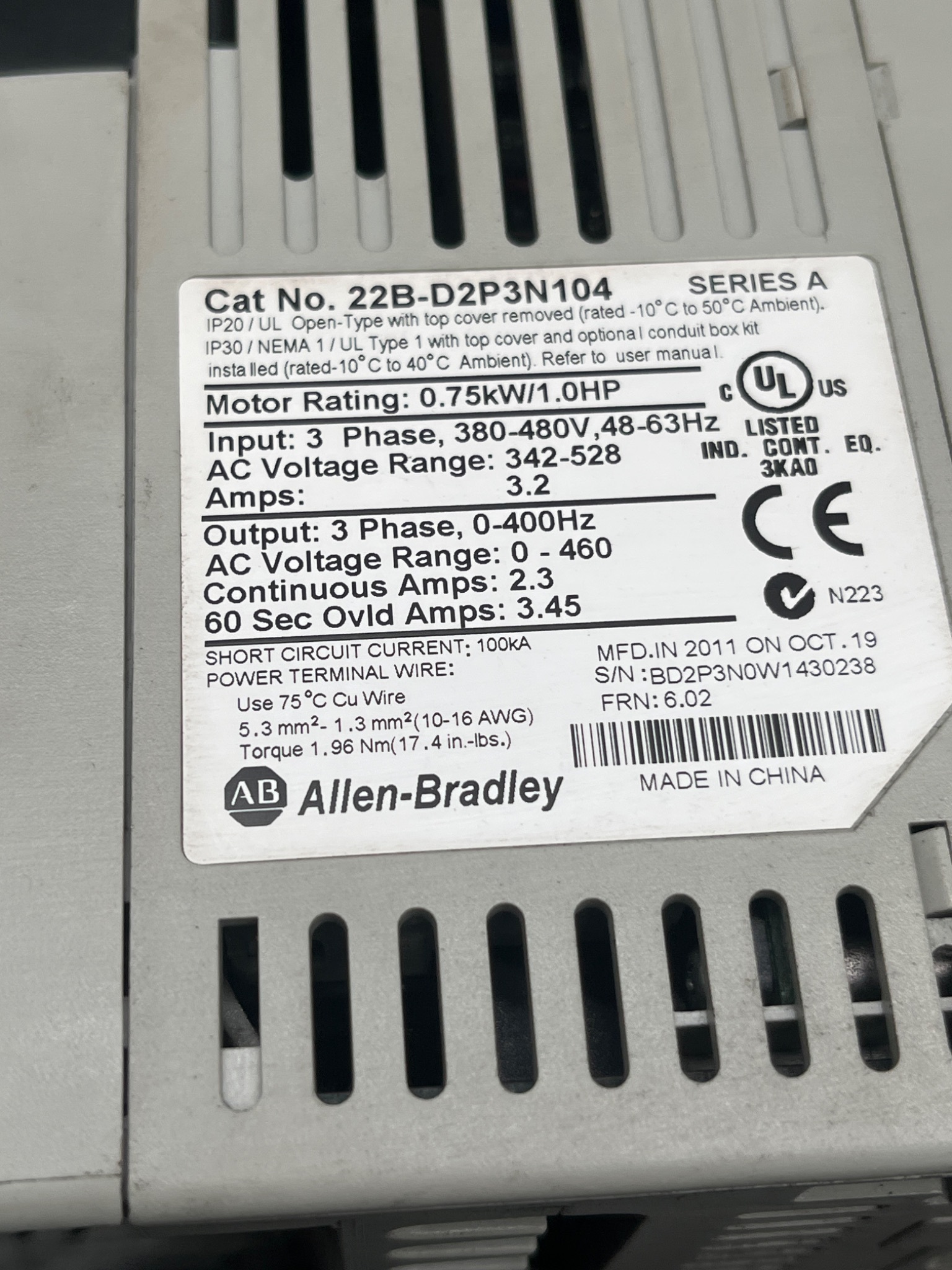 ALLEN BRADLEY 22B-D2P3N104 POWERFLEX 40 DRIVE USED 6