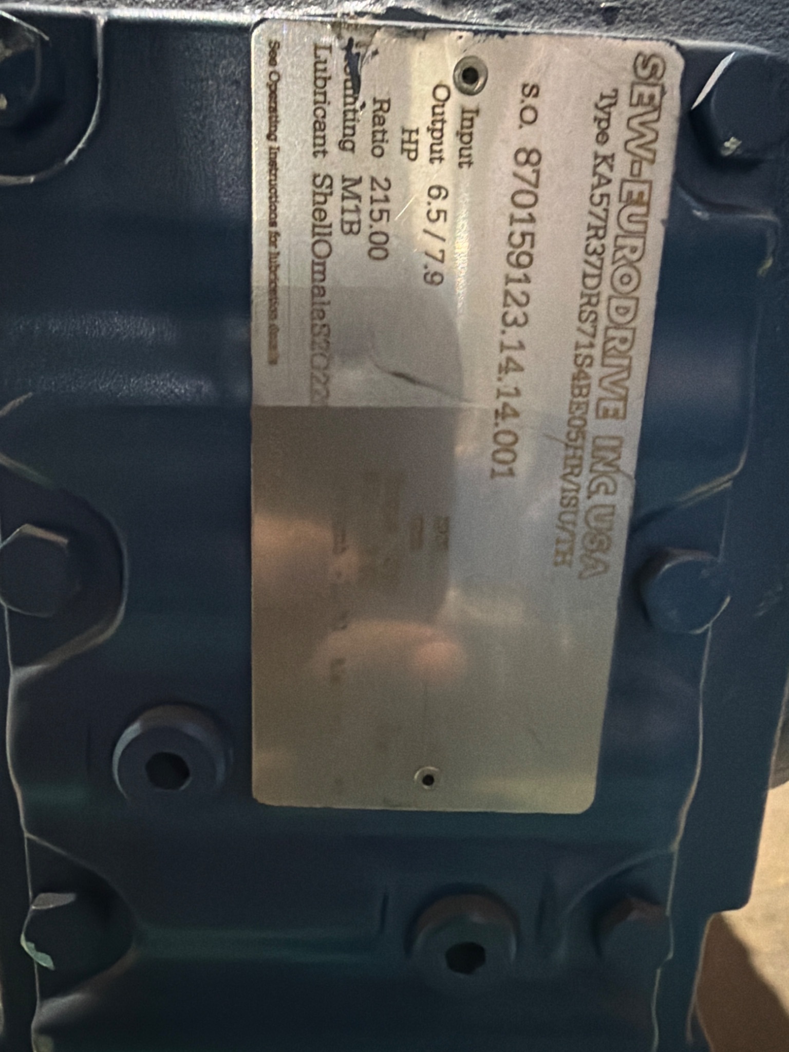 SEW‑EURODRIVE KA57DR37 Gearmotor 215:1 Ratio 0.25 HP USED 4