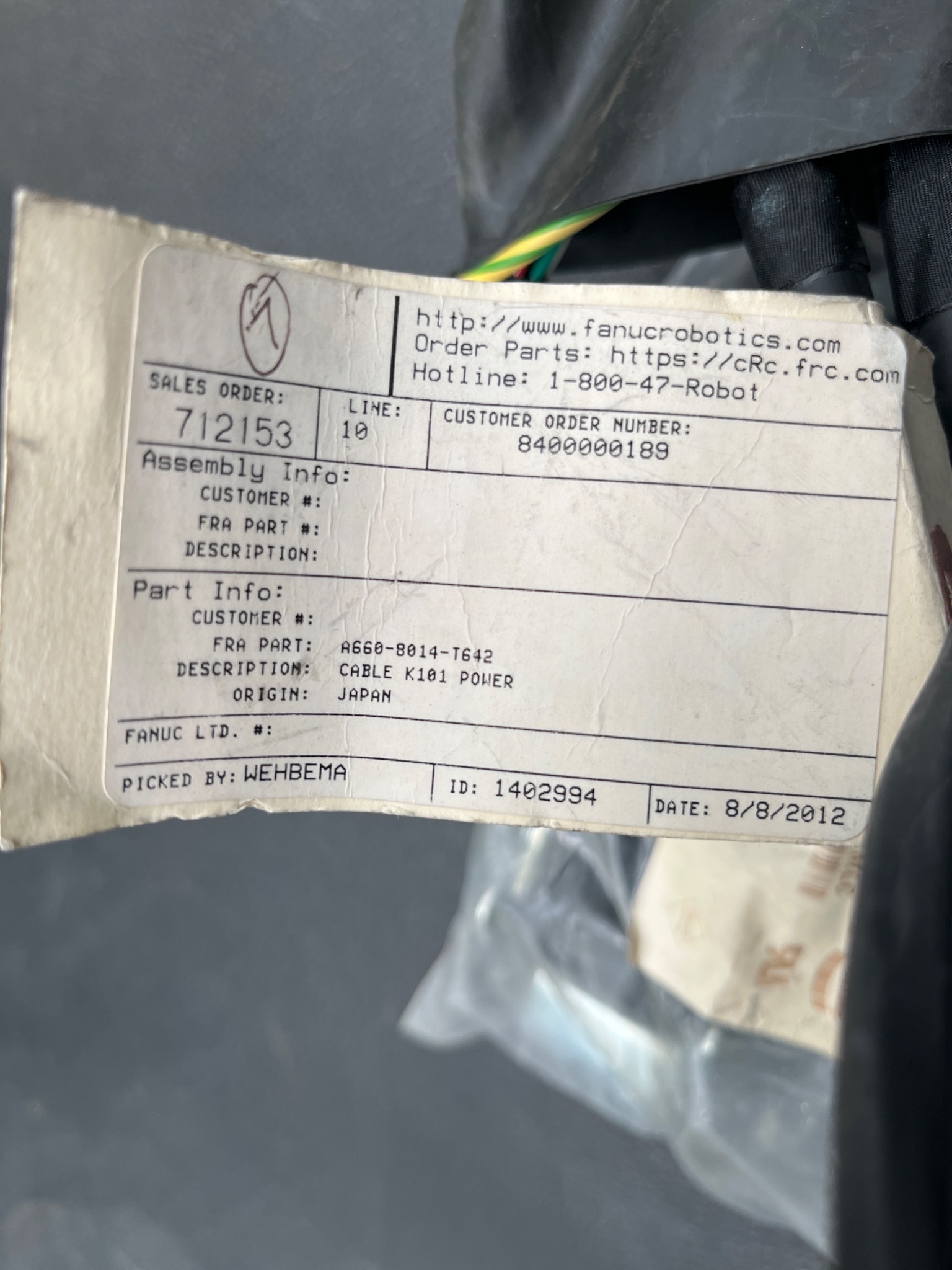 FANUC A660‑8014‑T642 K101 Power Cable USED 6
