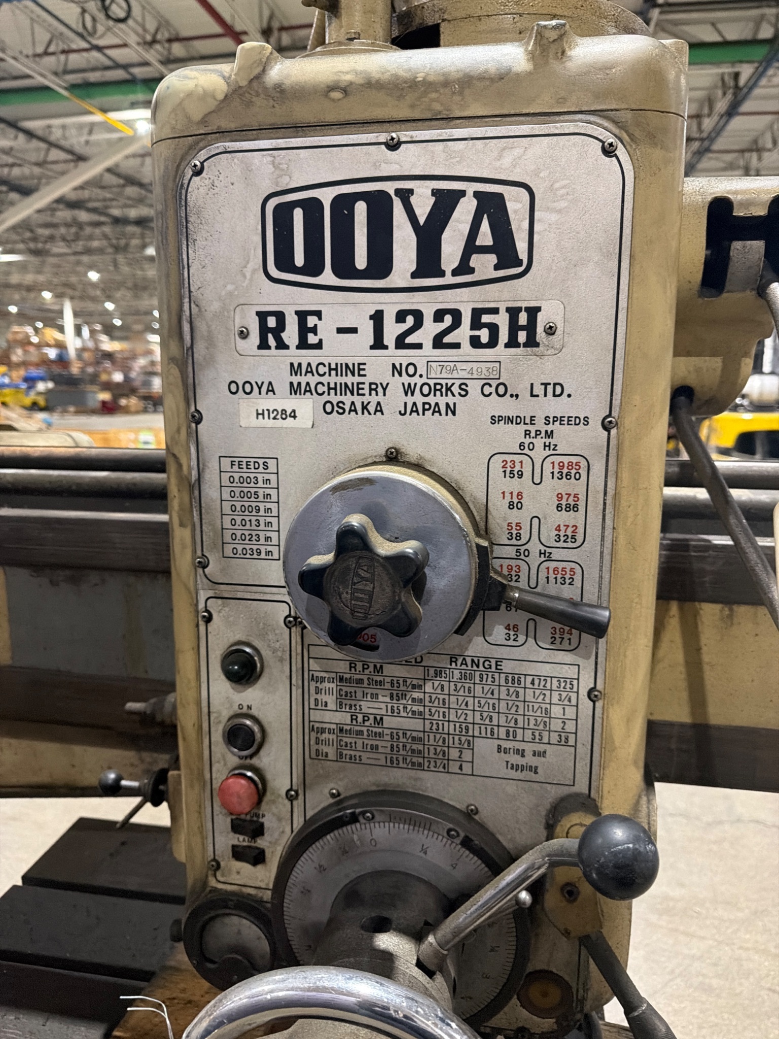 4′ X 13″ Ooya RE-1225H Radial Arm Drill With Box Table USED 1