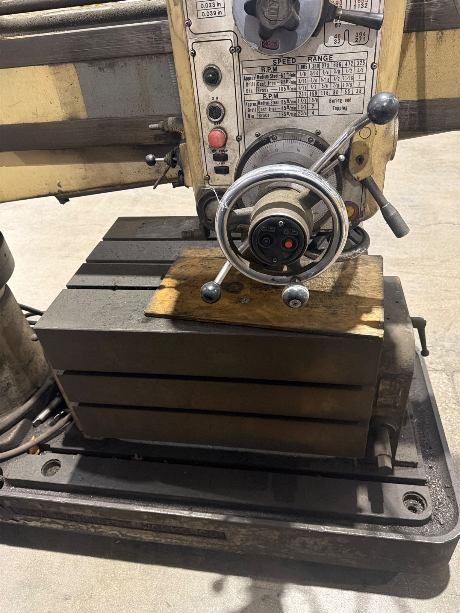 4′ X 13″ Ooya RE-1225H Radial Arm Drill With Box Table USED 2