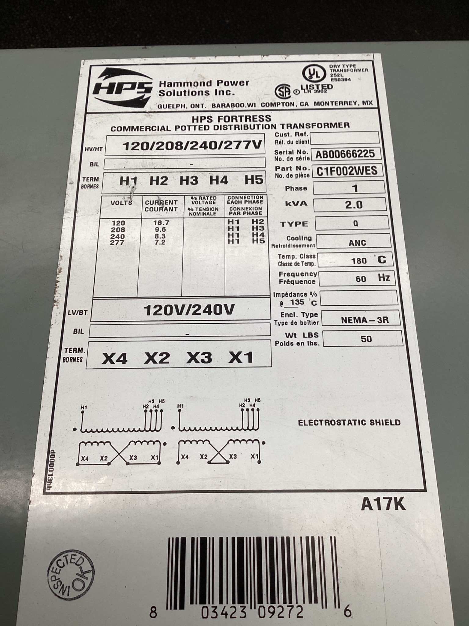 HPS C1F002WES Control Transformer 2KVA 120/208/240/277V - 120/240V USED 4