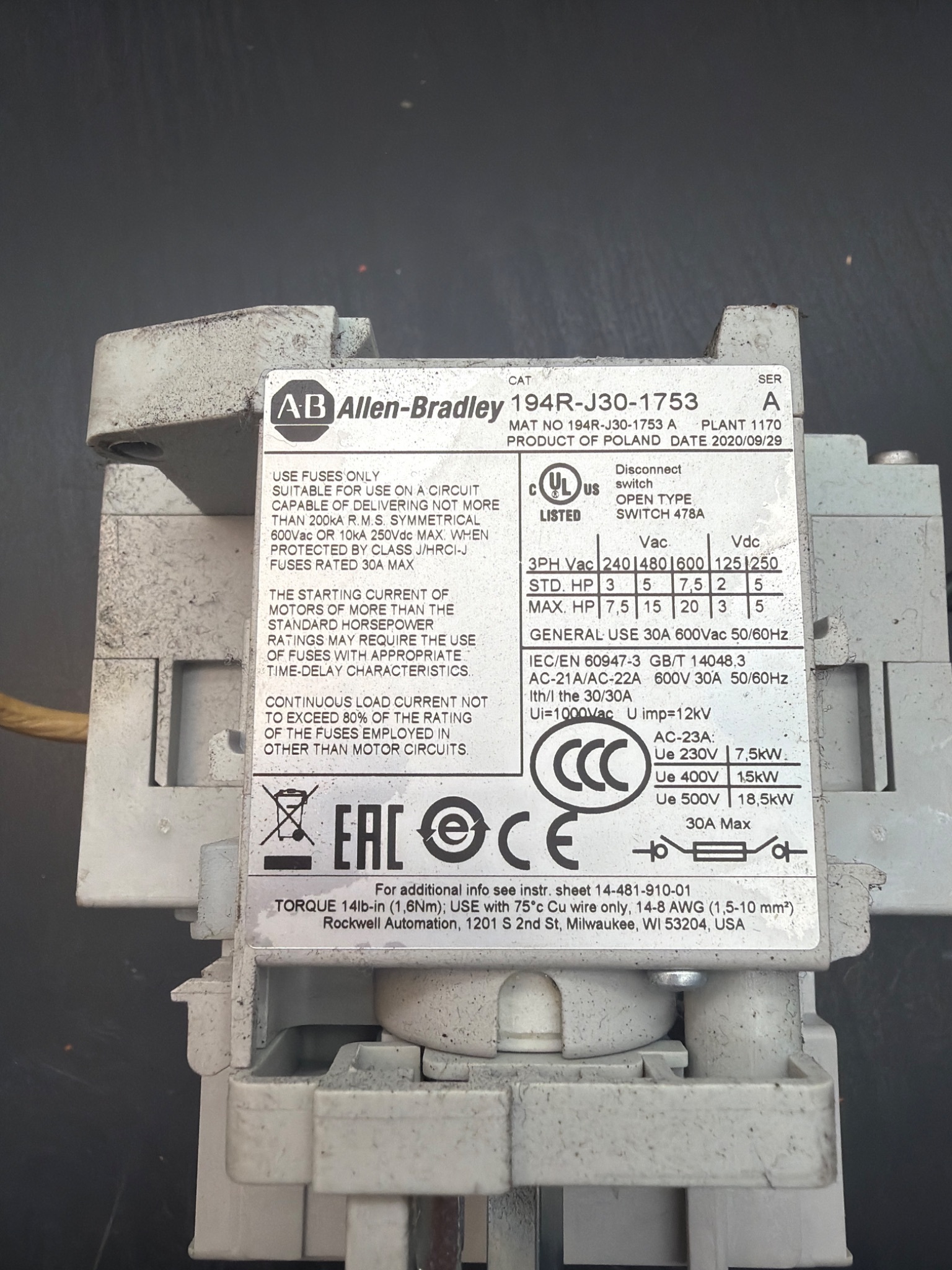 ALLEN BRADLEY 194R‑J30‑1753 Disconnect Switch USED 3