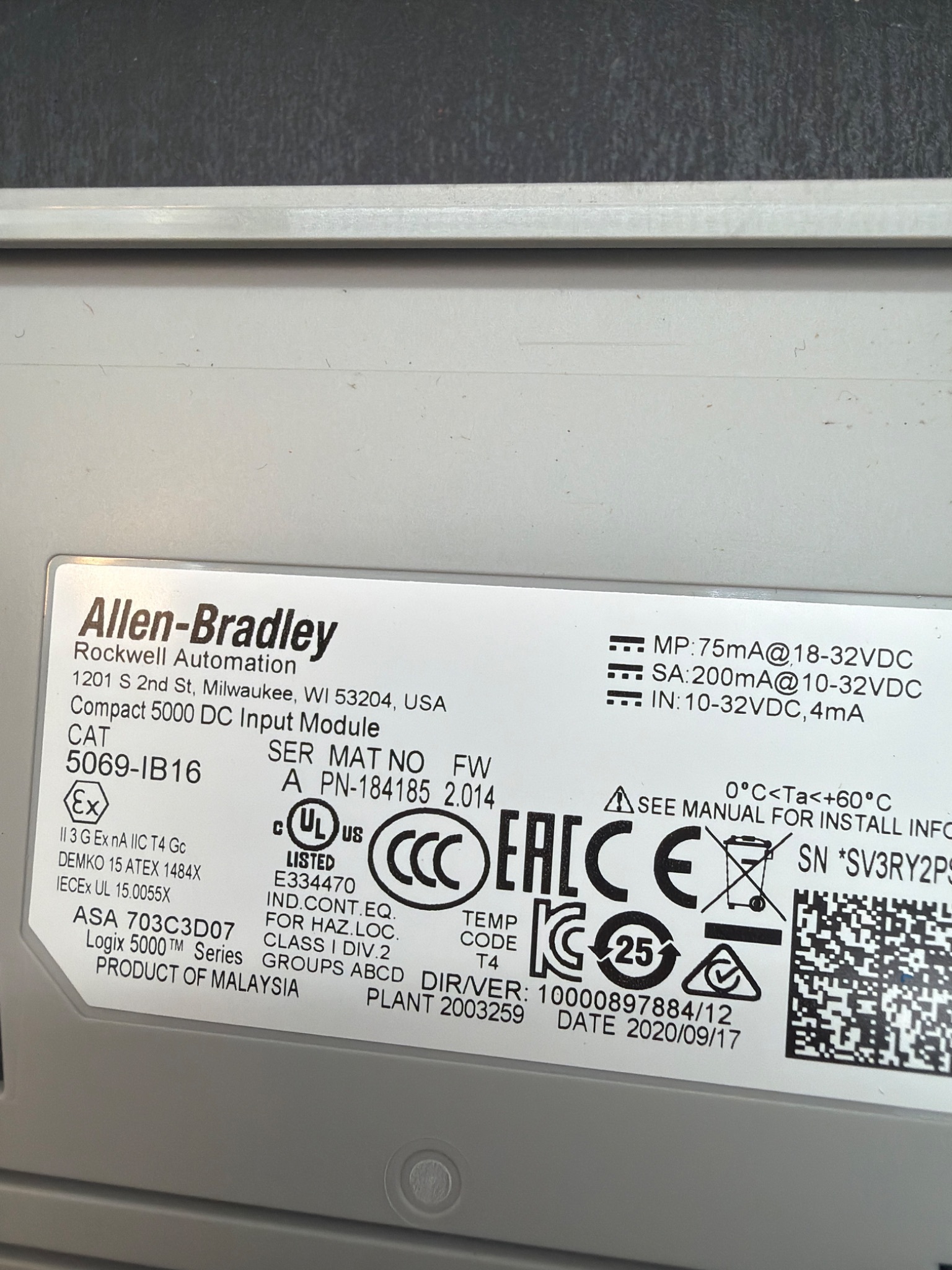 ALLEN BRADLEY 5069‑IB16 Compact 5000 DC Input Module USED 4