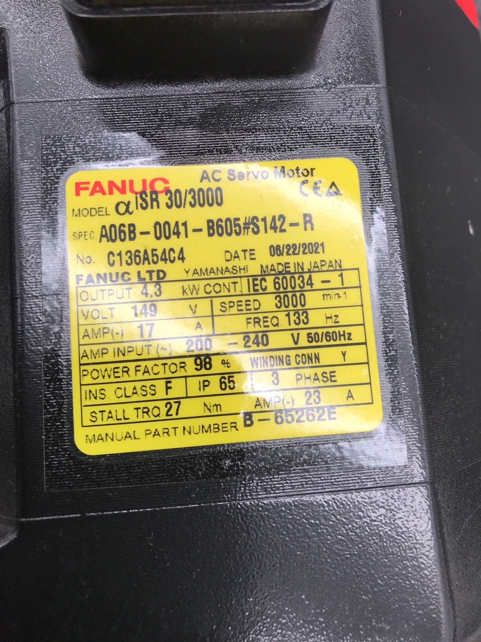 FANUC αiSR 30/3000 AC Servo Motor A06B‑0041‑B605#S142‑R NEW, No Box 3