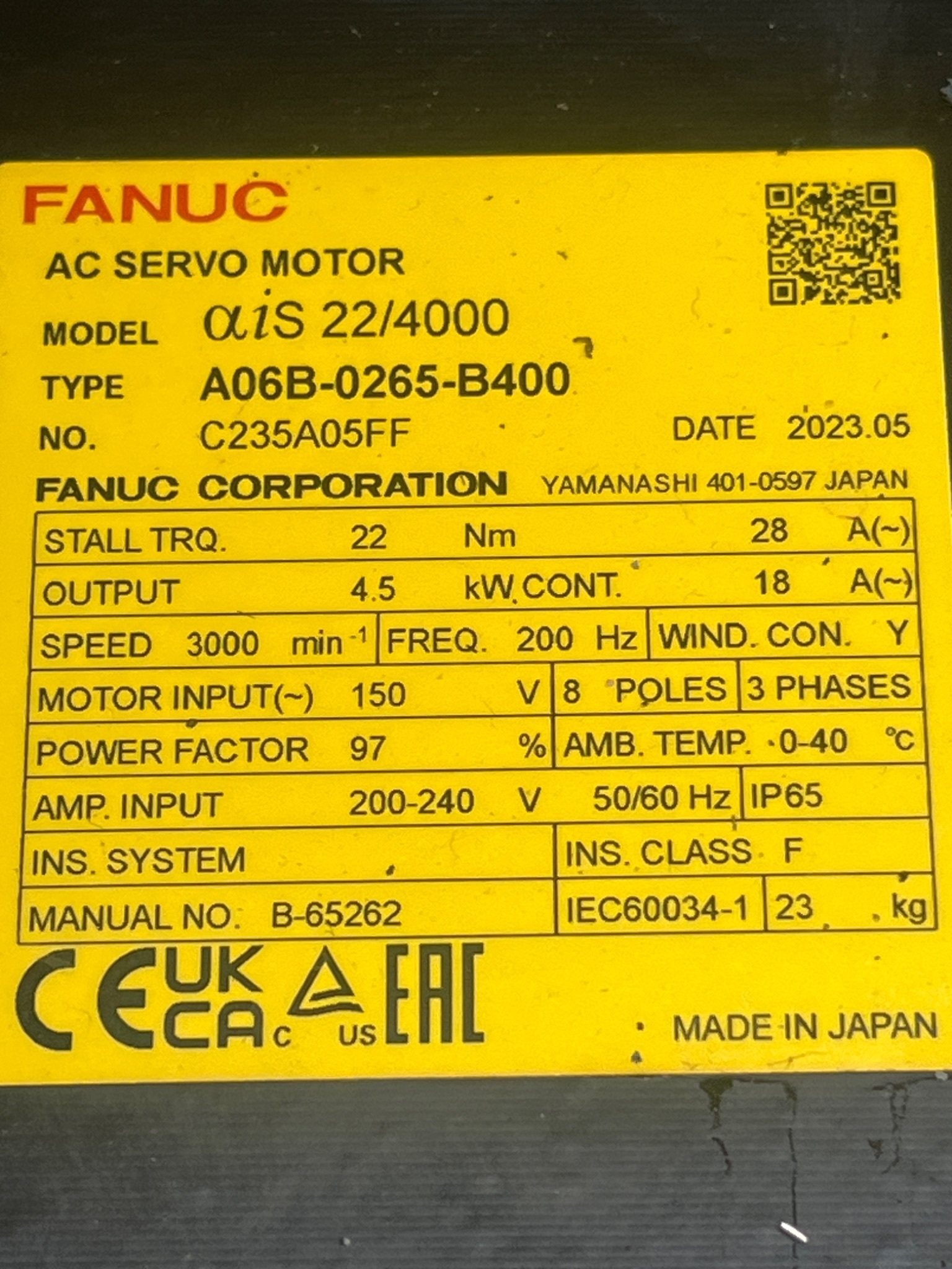 FANUC A06B‑0265‑B400#100 AC Servo Motor αiS 22/4000 NEW 6